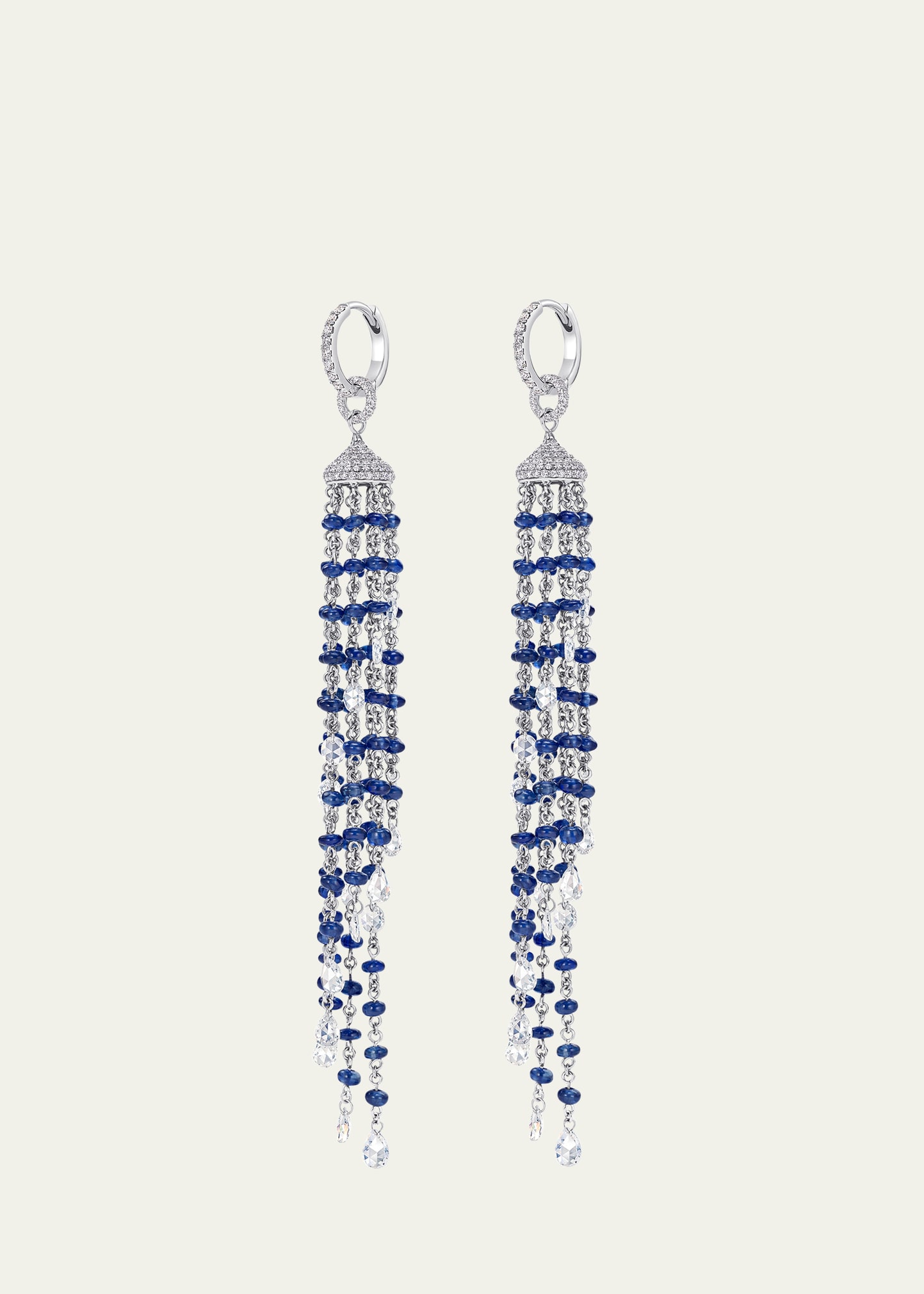 18K White Gold Spiral Tassel Earrings with Natural Sapphire Beads and Diamonds