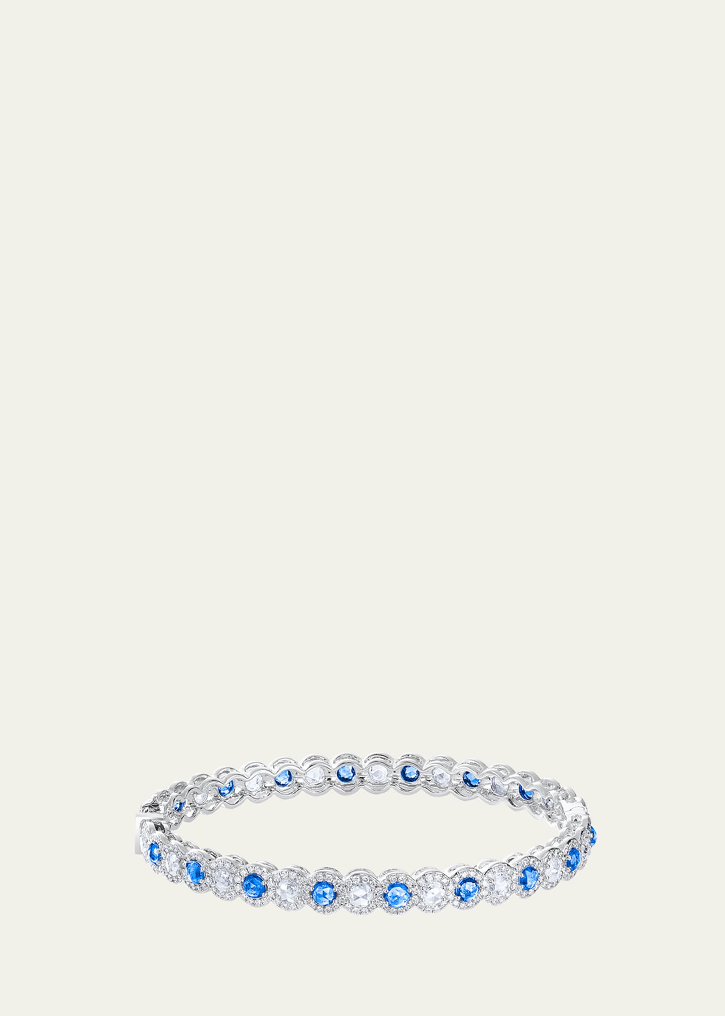 18K White Gold Oval Hinged Bracelet with Diamonds and Blue Sapphires