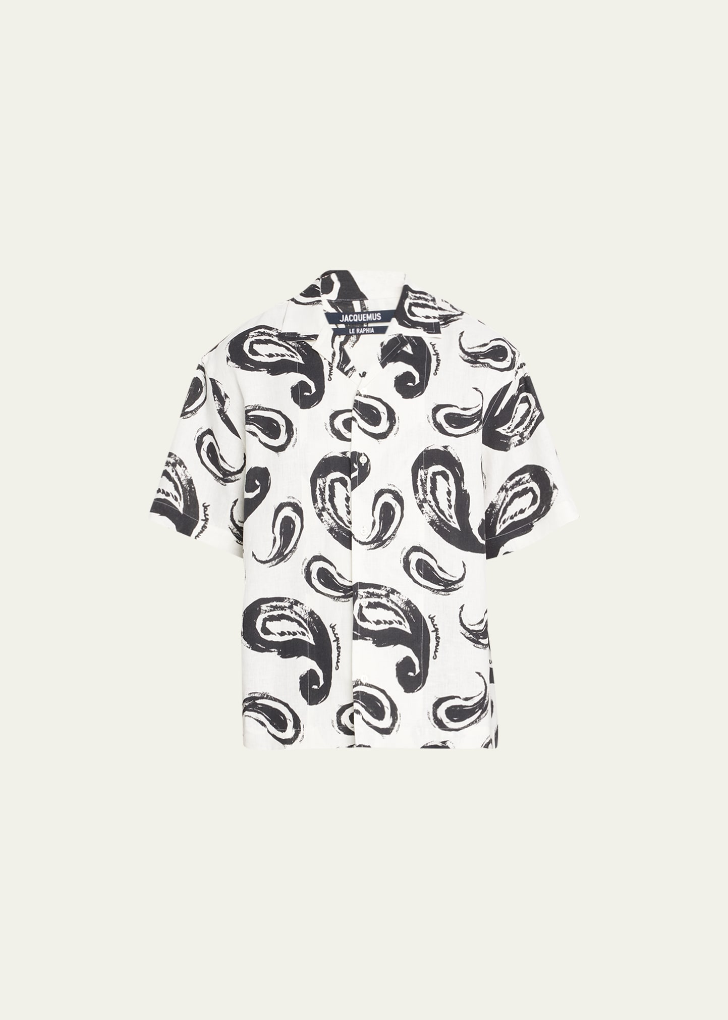 Shop Jacquemus Men's Paisley-print Linen Bowling Shirt In Print Whiteblack