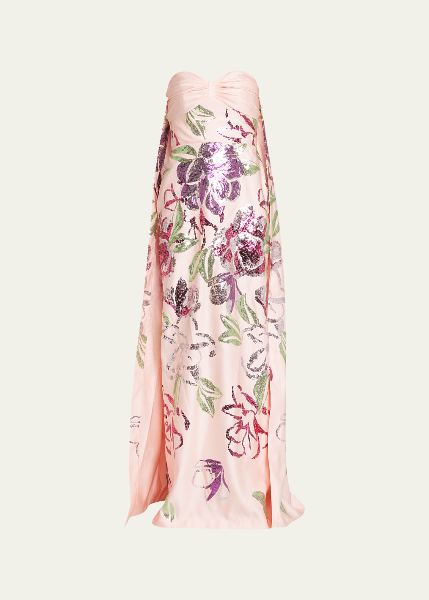 MARCHESA NOTTE STRAPLESS SEQUIN FLORAL CAPE GOWN