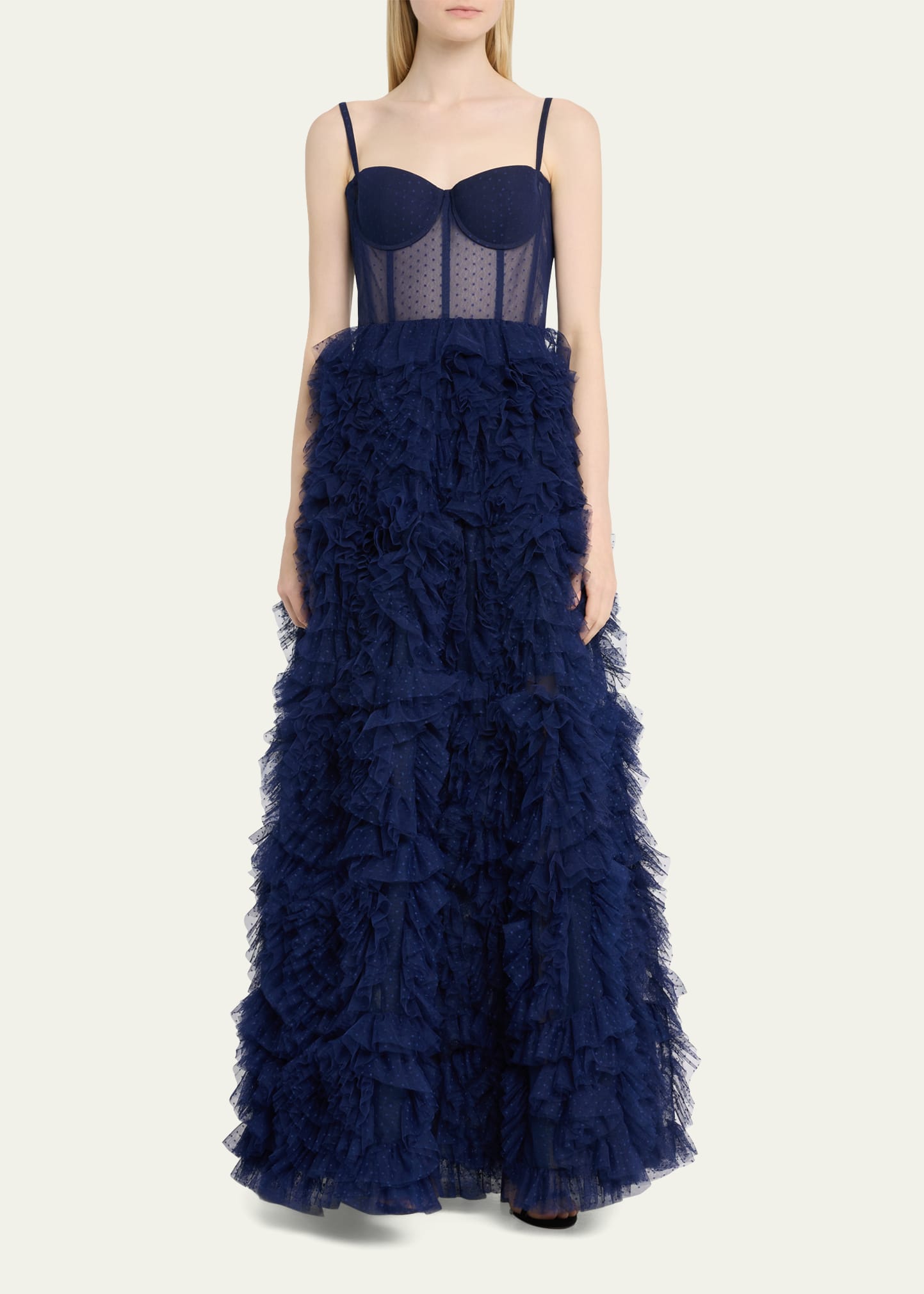 Marchesa Notte Dotted Tulle Textured Gown In Midnight