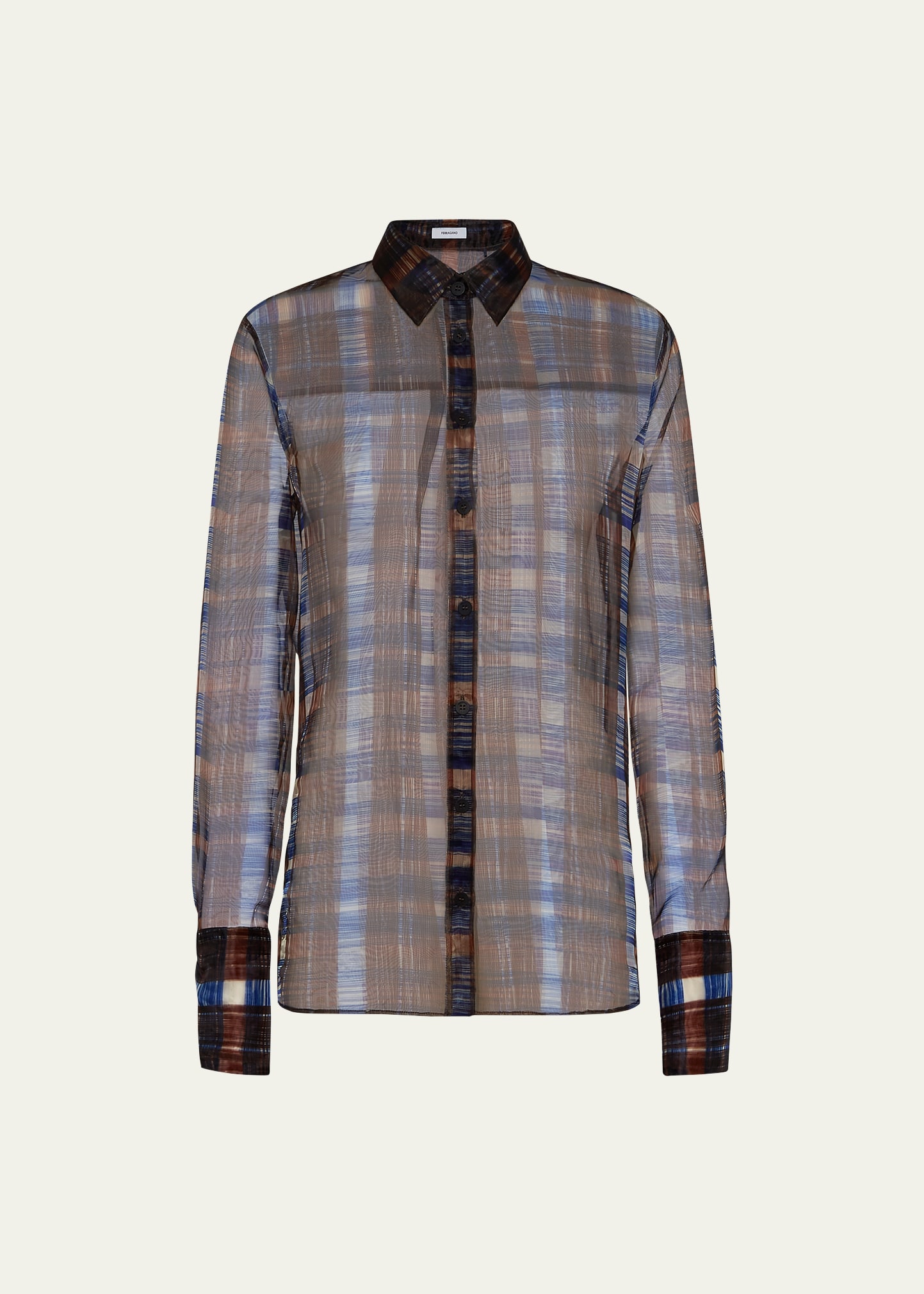 Ferragamo August Organza Check Button-front Shirt In Cocoa Brow