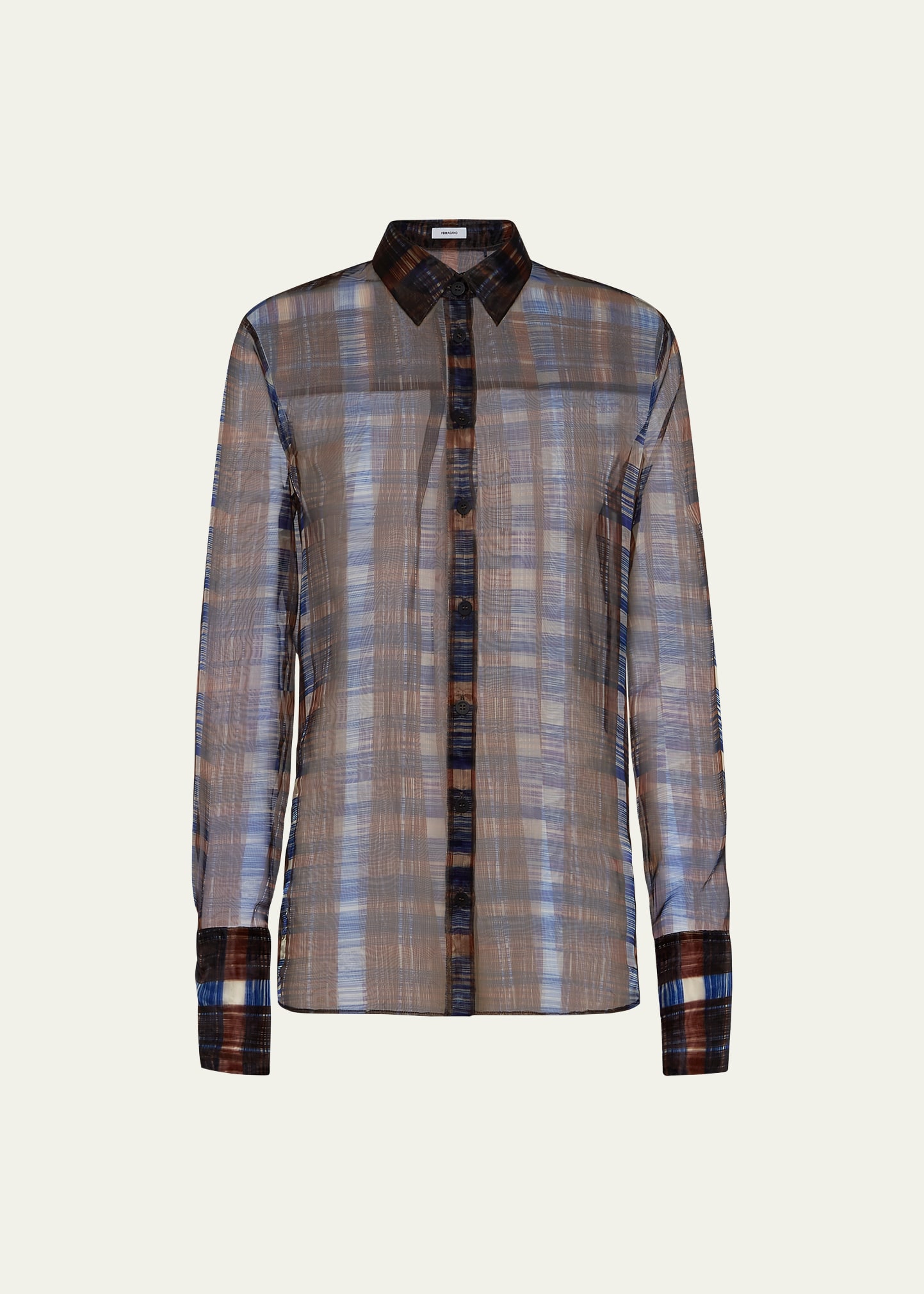 Shop Ferragamo August Organza Check Button-front Shirt In Cocoa Brow