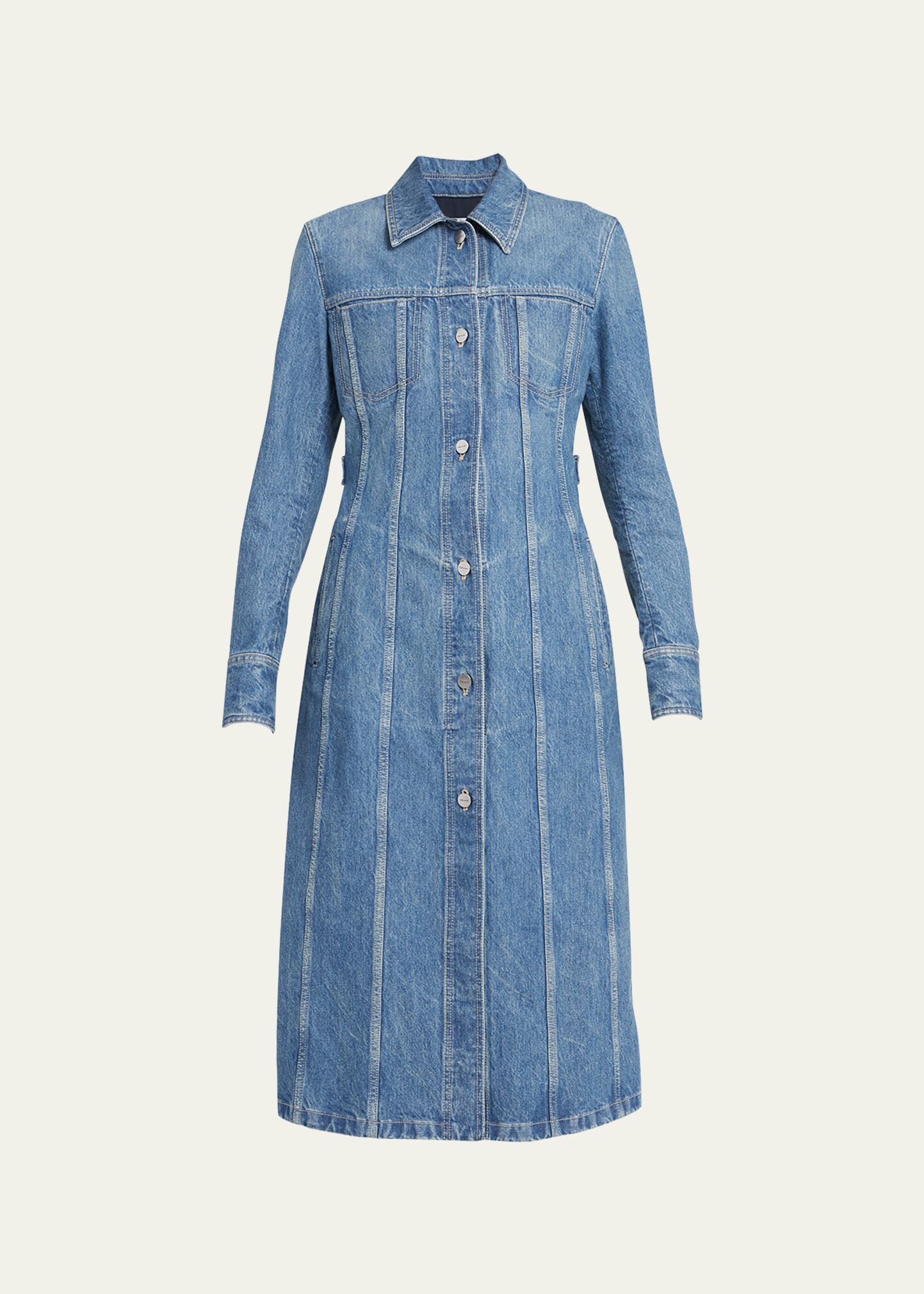 Ferragamo Button-front Long Denim Trench Coat In Blu Denim