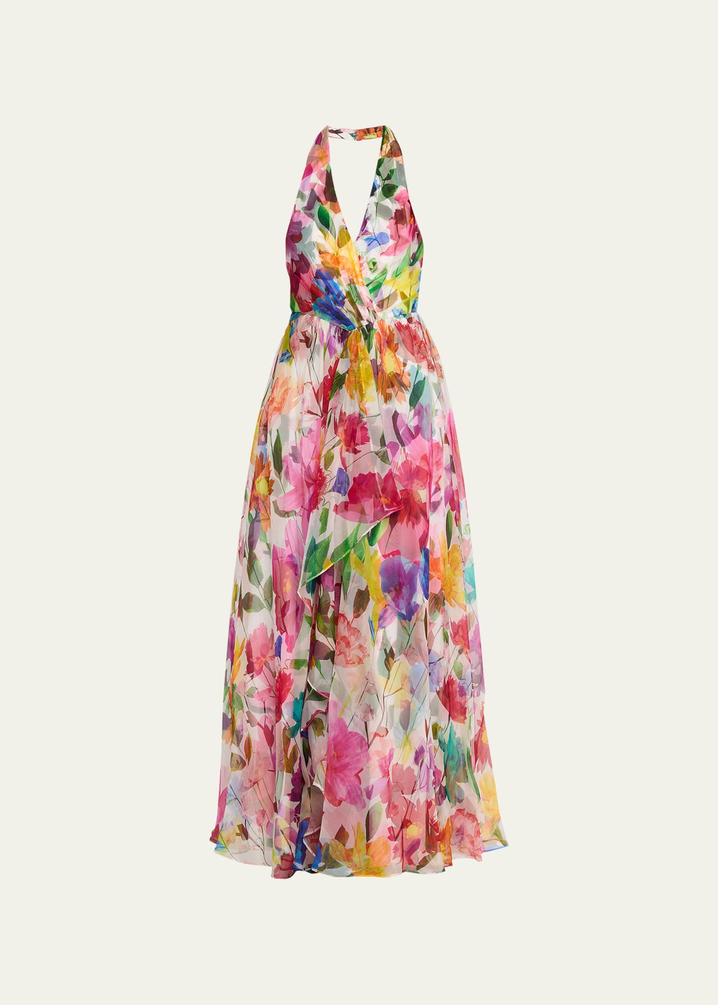 Badgley Mischka Floral-print Ruffle-trim Organza Halter Gown In White