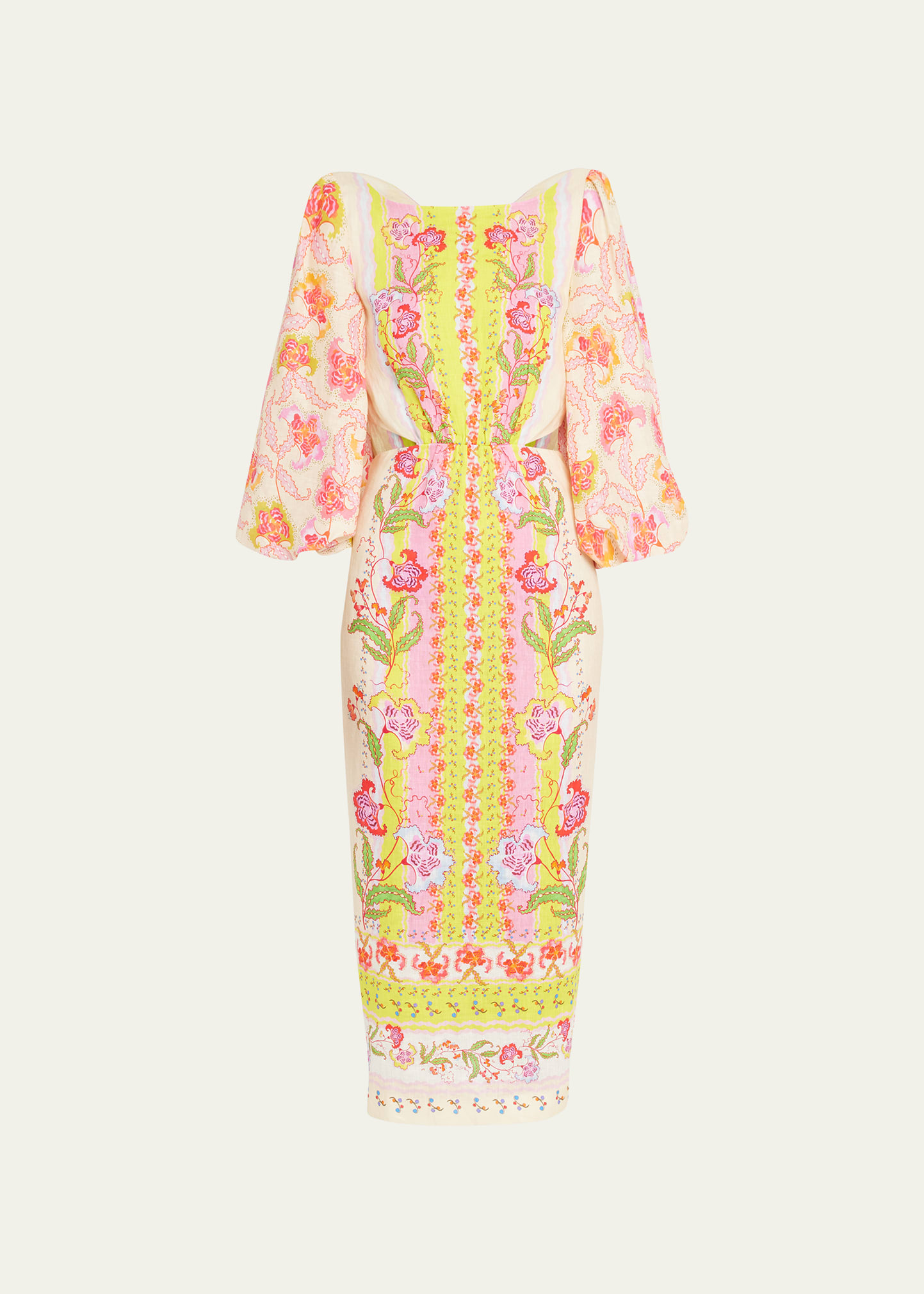Neelam Puff-Sleeve Cutout Floral Linen Midi Dress