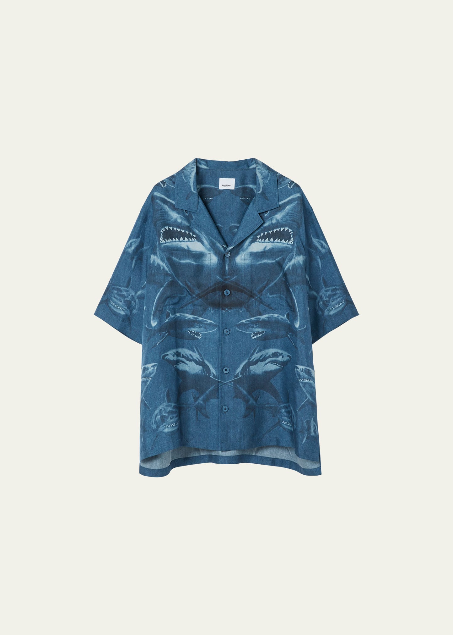 Burberry Shark Print Short-sleeve Silk Shirt In Blue