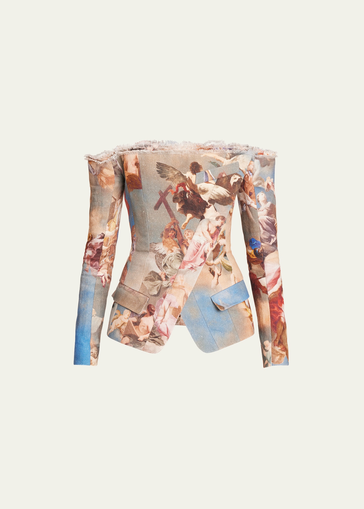 Balmain Sky Printed Off-the-shoulder Canvas Jacket In Blue Multi