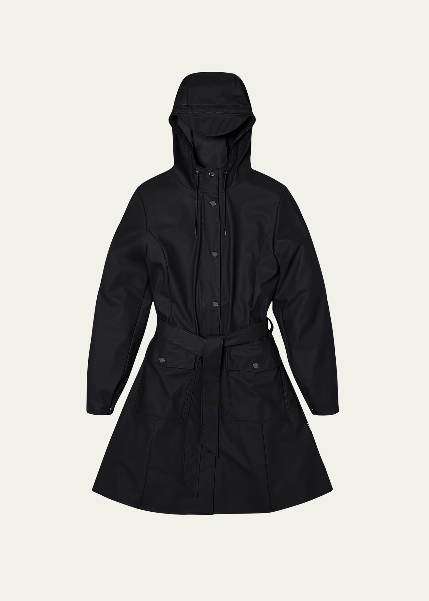 Rains Curve Belted Trench Coat With Drawstring Hood In Black