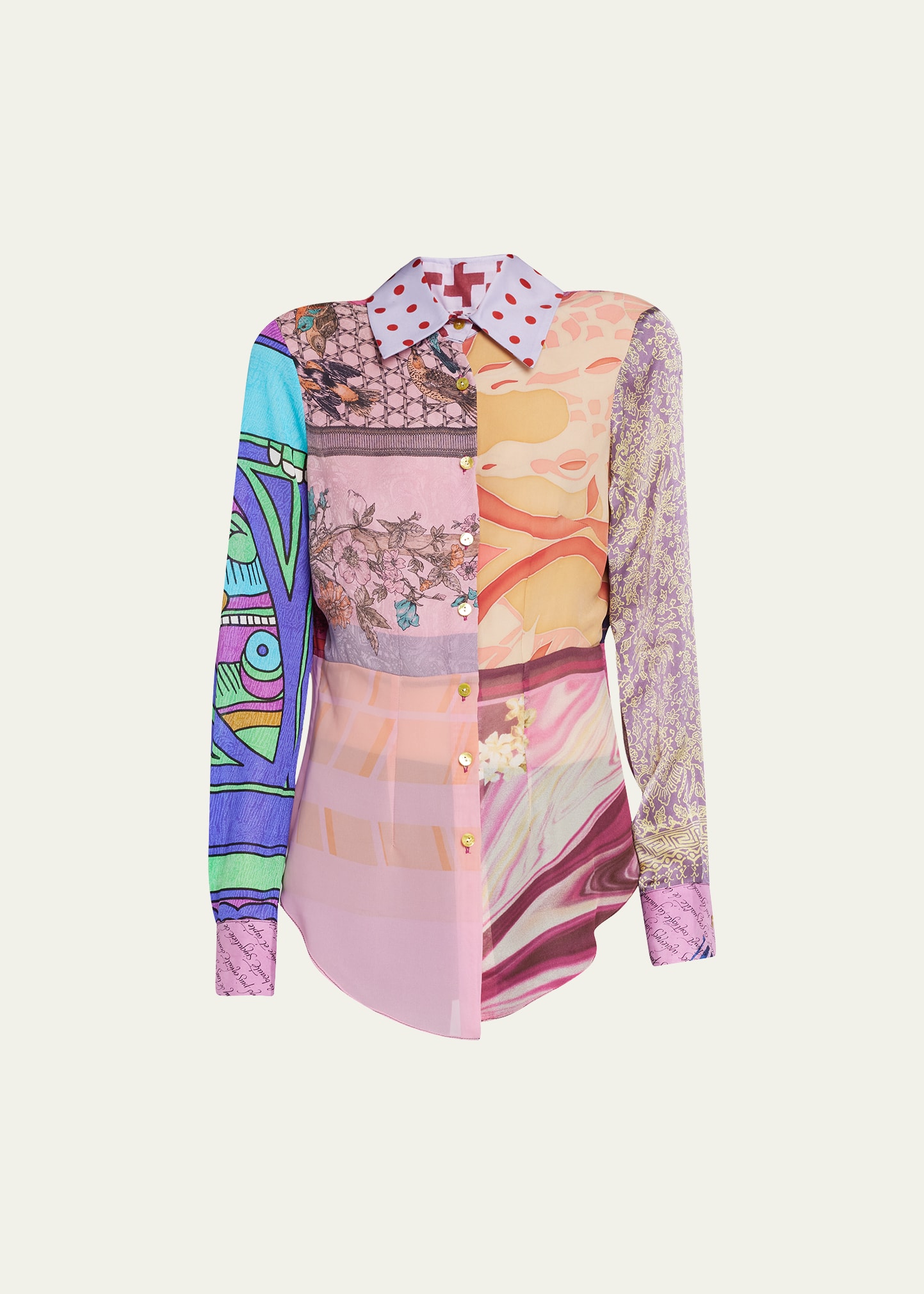 Patchwork Scarf-Print Silk Collared Shirt