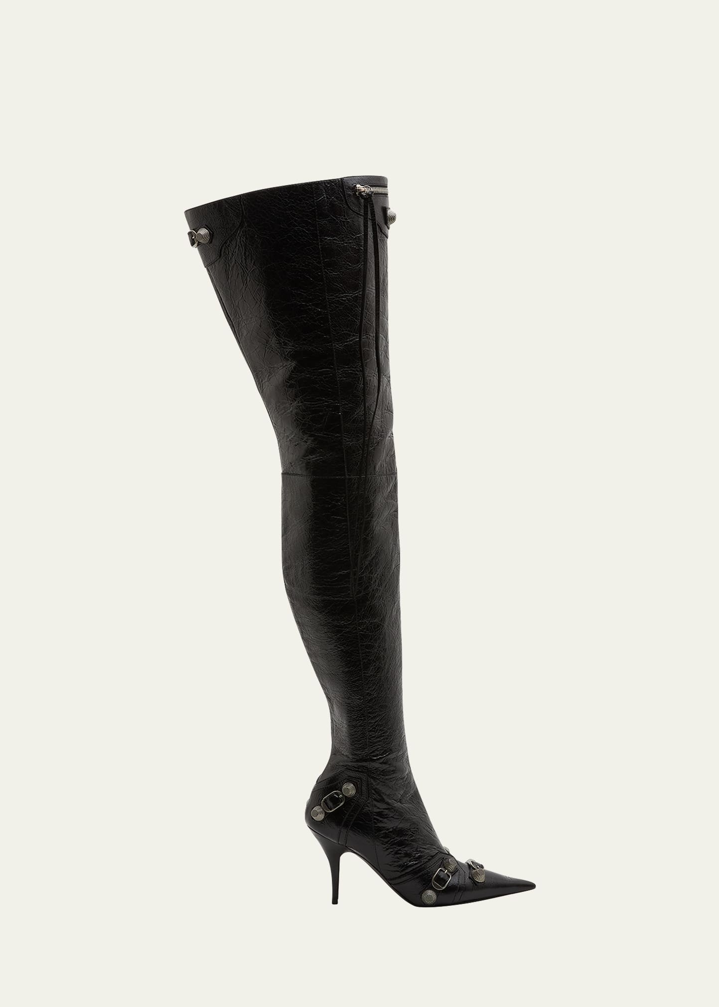 Balenciaga Cagole Leather Stud Over-the-knee Boots In Black/black/crystal