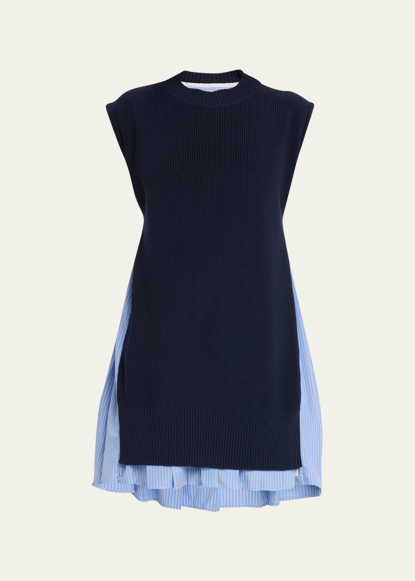 Sacai Knit Layered Stripe Mini Shirtdress In Blue