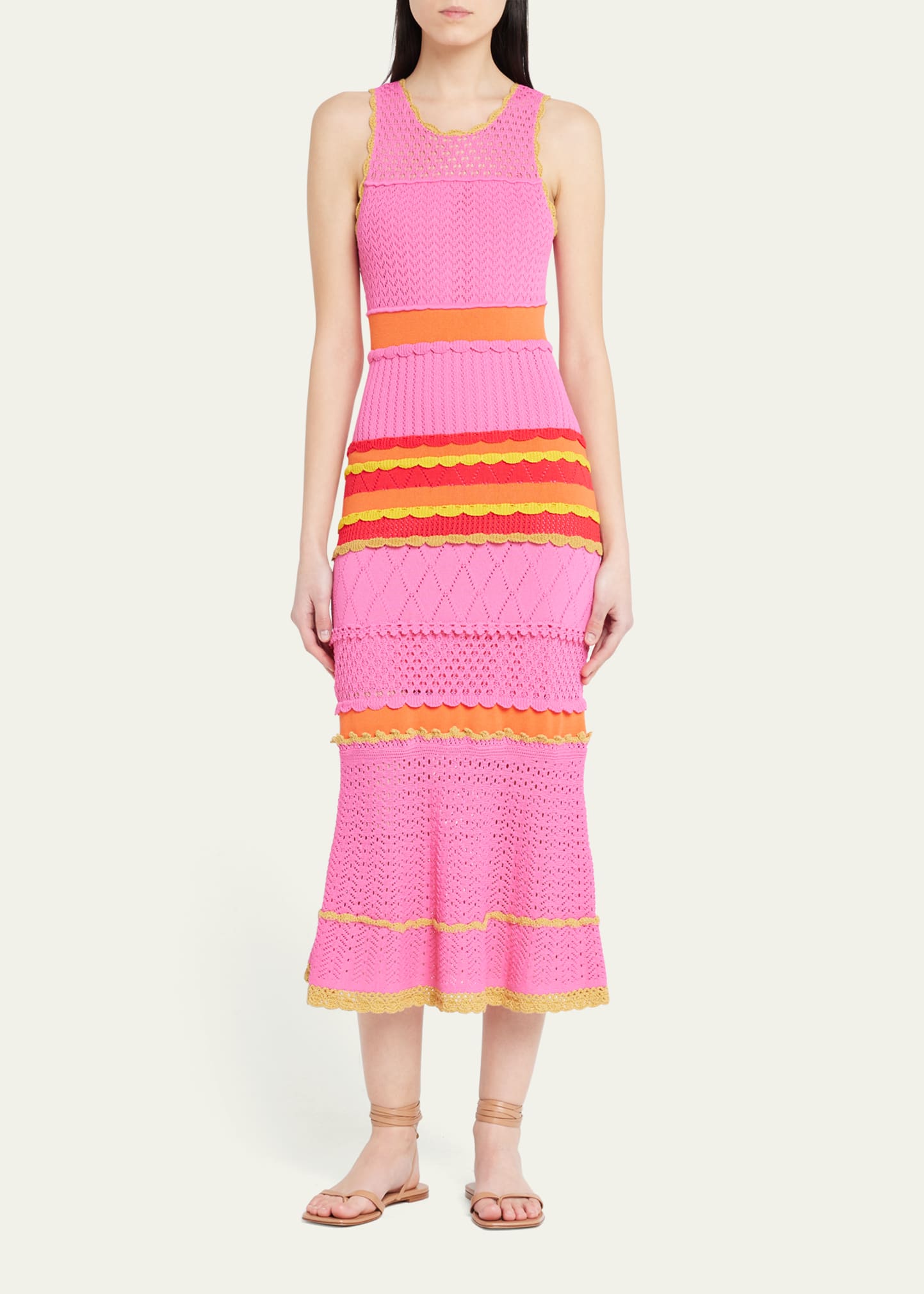 Mixed Pointelle Knit Midi Dress