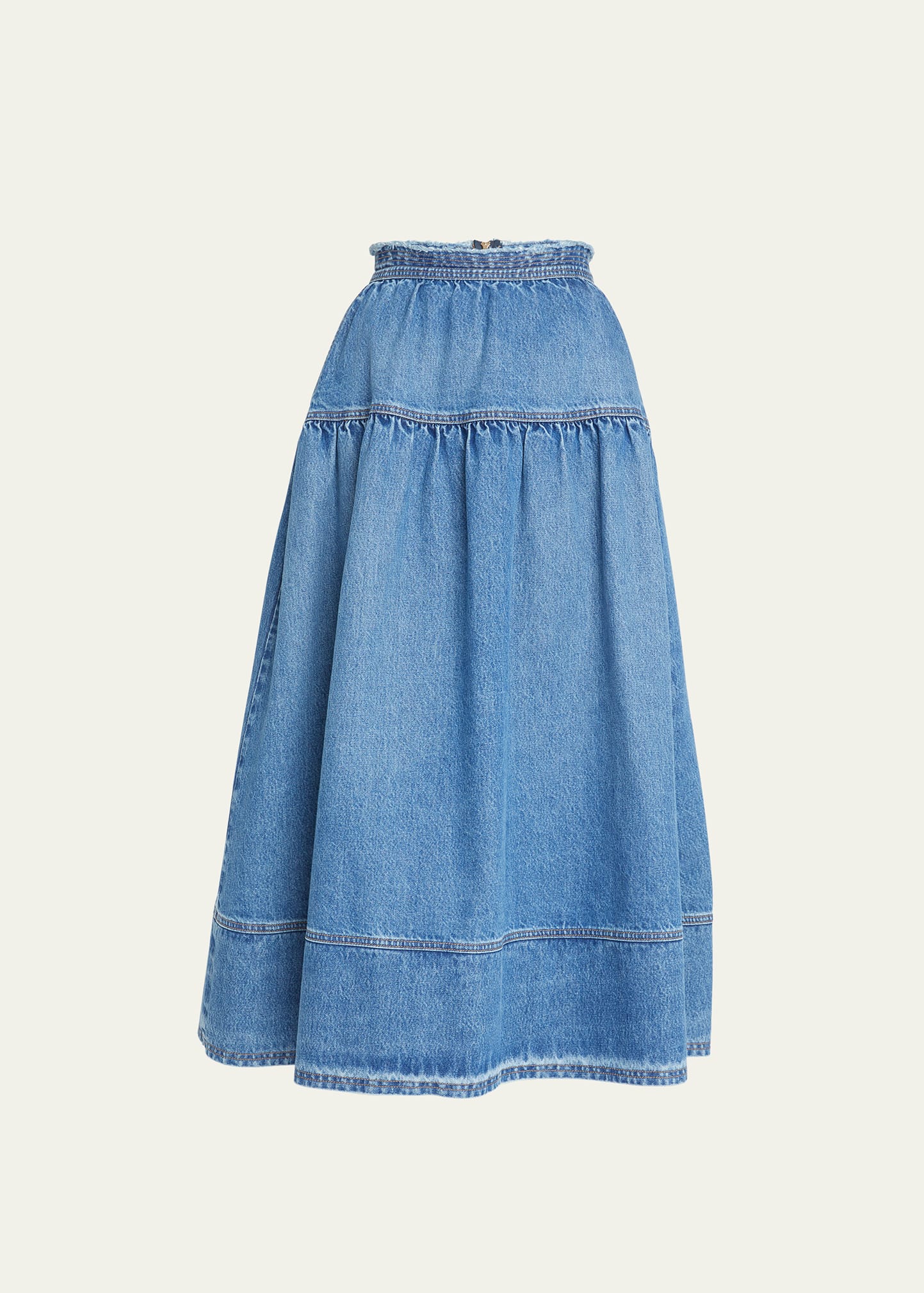 Shop Ulla Johnson The Astrid Flared Denim Midi Skirt In Danube Medium Ind