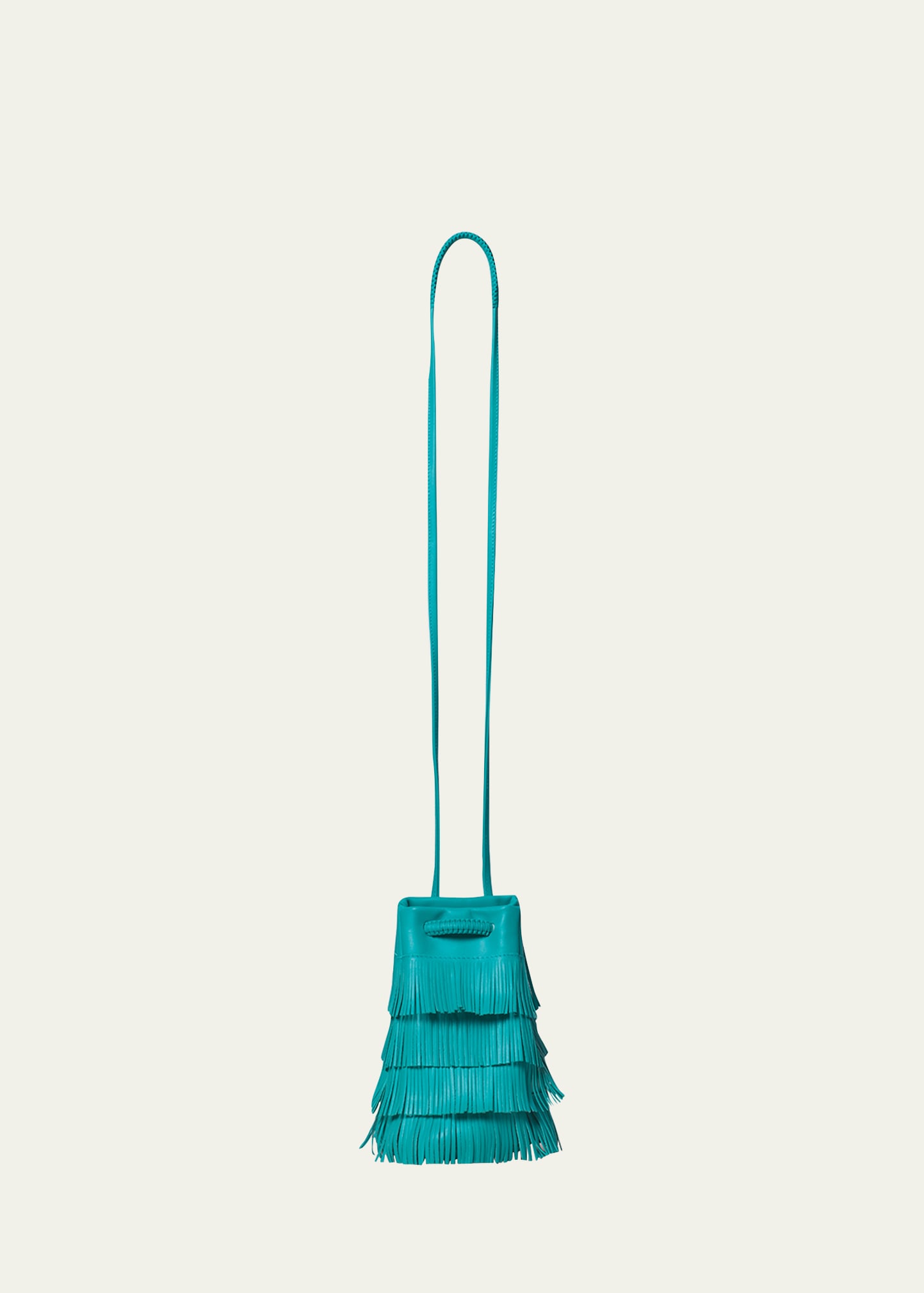 Callista Fringe Leather Pouch Bucket Bag In Aqua