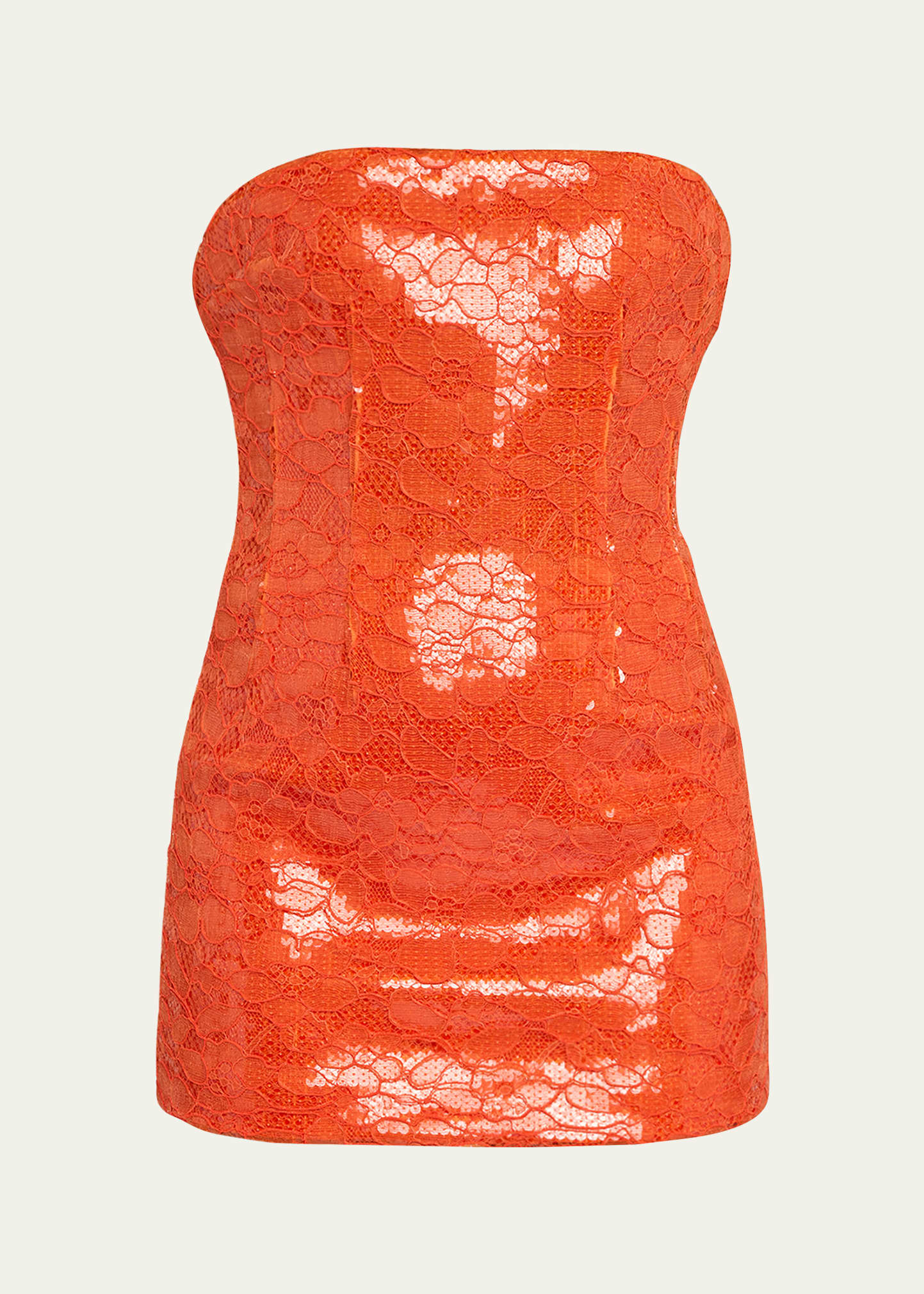 Laquan Smith Strapless Embellished Lace Mini Dress With Boning Detail In Orange