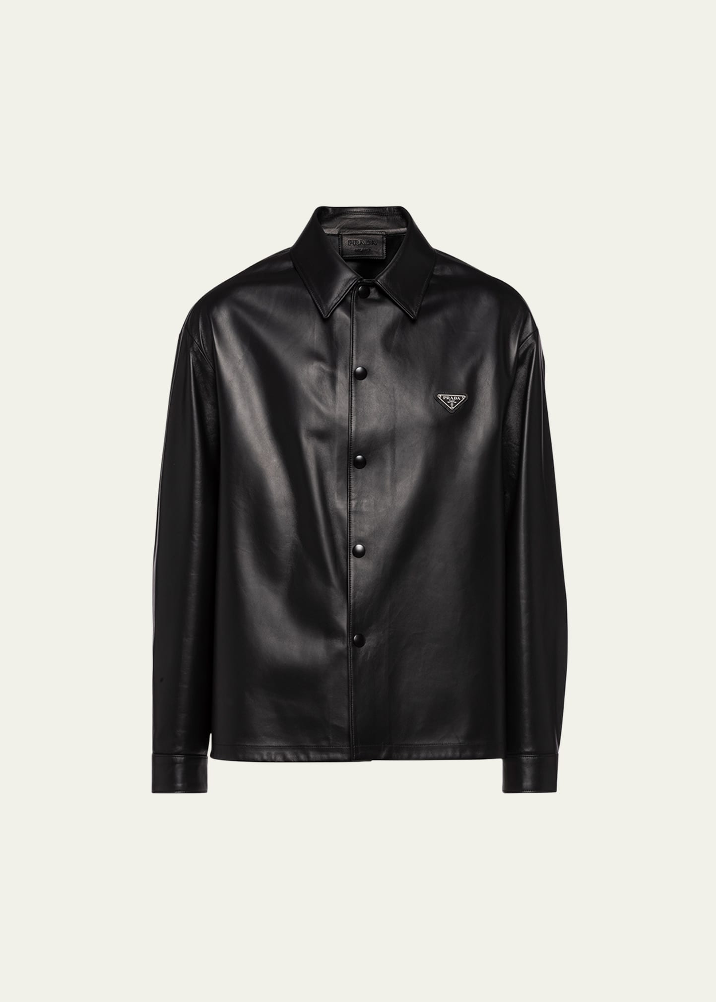 Shop Prada Men's Napa Leather Snap-front Shirt In Nero