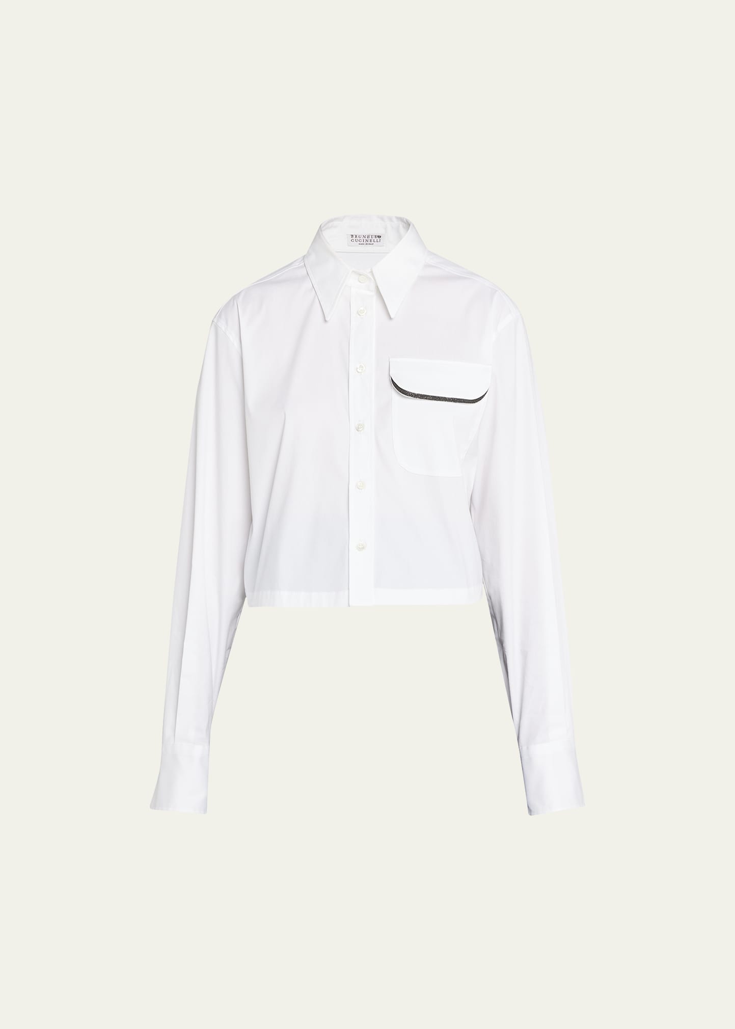Brunello Cucinelli Monili-trim Crop Cotton Poplin Collared Shirt In Co658 Bianco
