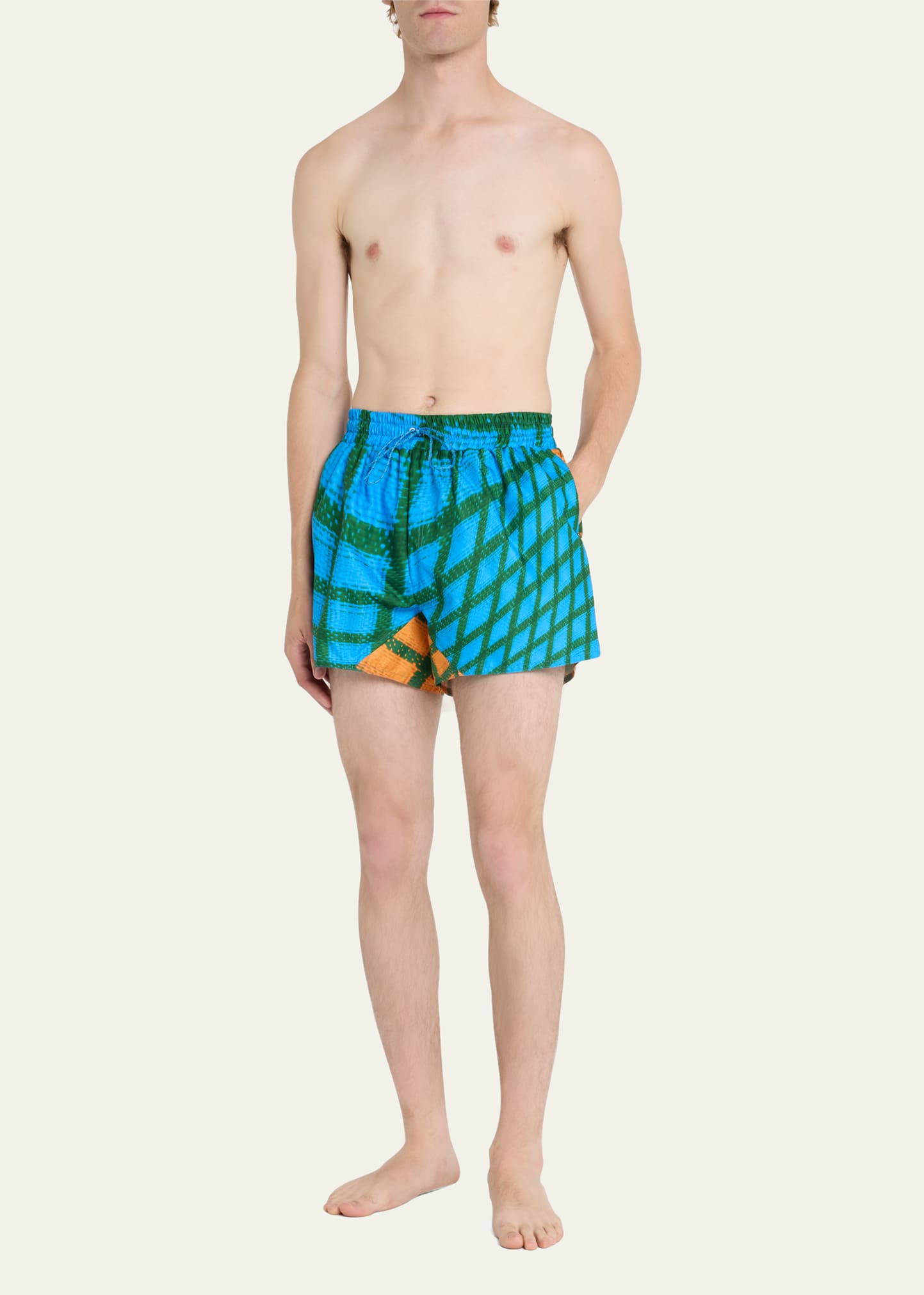 BIANCA SAUNDERS MEN'S TWERKED TILE-PRINT SWIM SHORTS