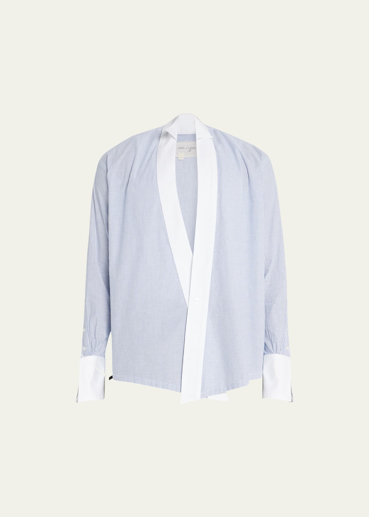 Greg Lauren Pinstripe-print Collarless Shirt In Medium Blu