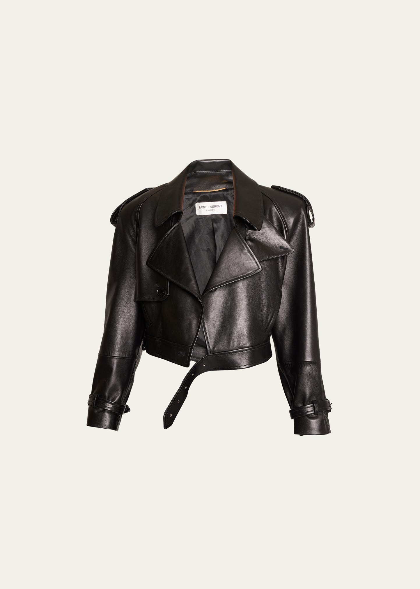 Shop Saint Laurent Leather Crop Belted Moto Jacket In Nero
