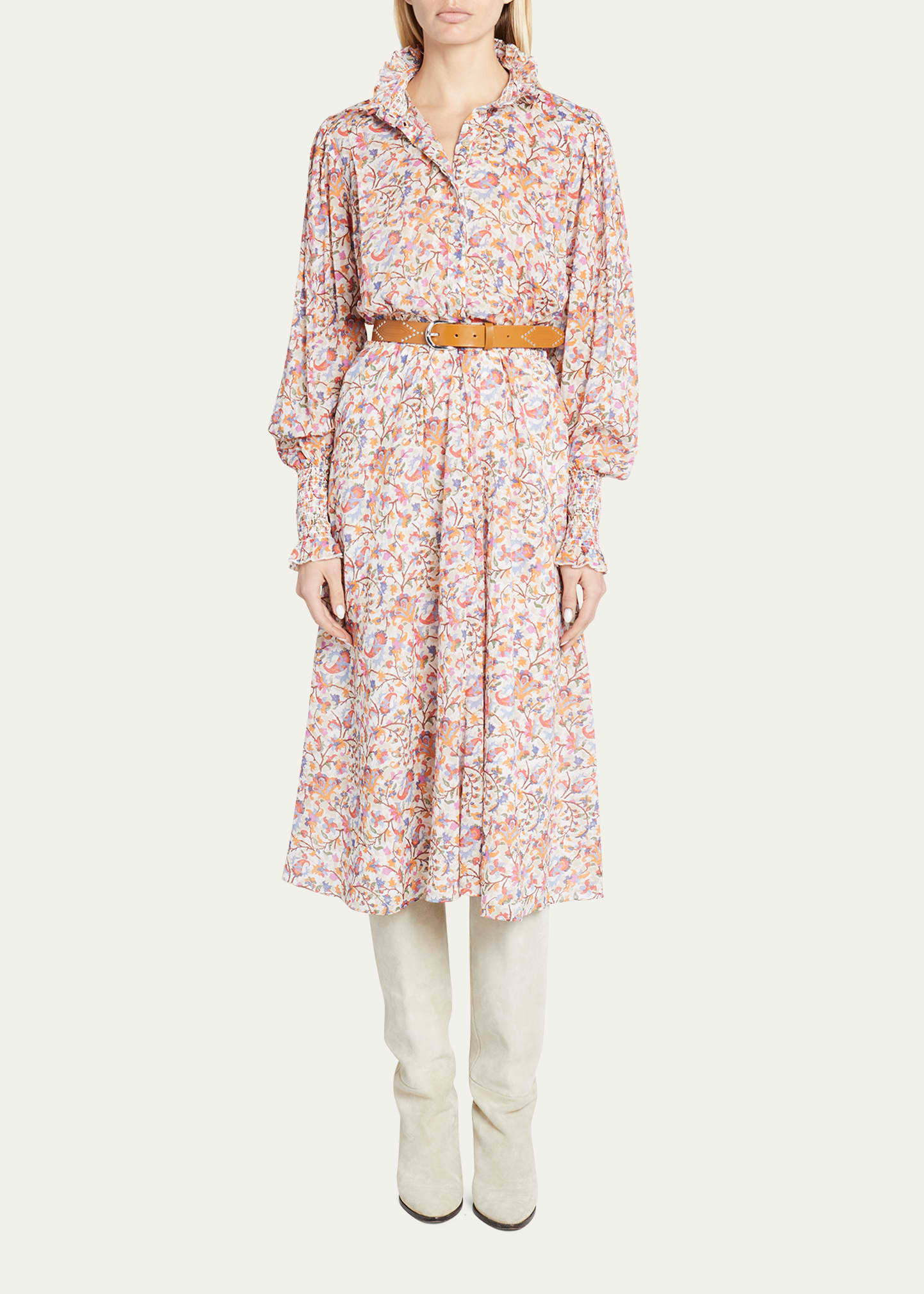 Etoile Isabel Marant Galoa Floral Collared Long-Sleeve Midi Dress