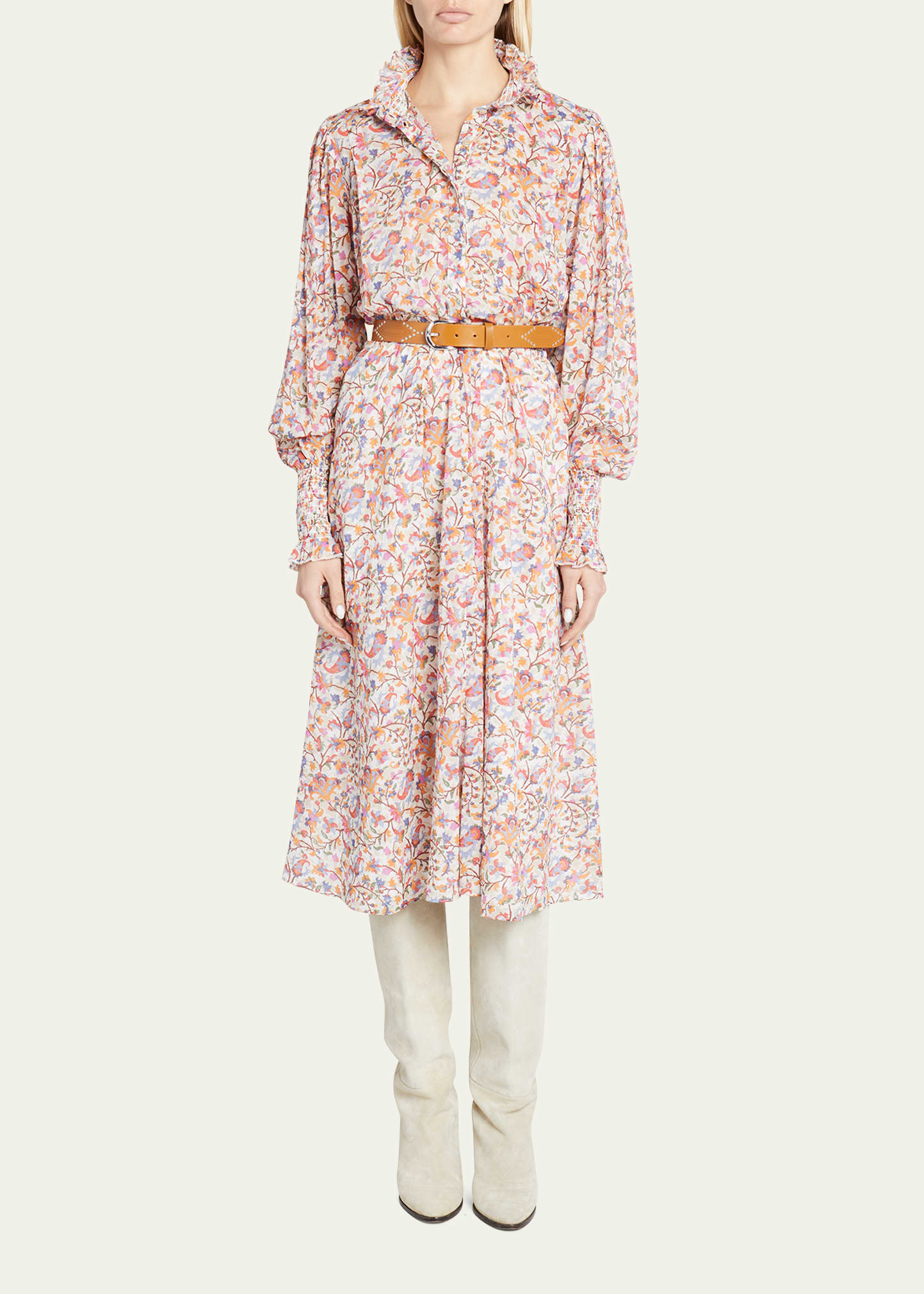 Isabel Marant Étoile Galoa Floral Collared Long-sleeve Midi Dress In Ecor