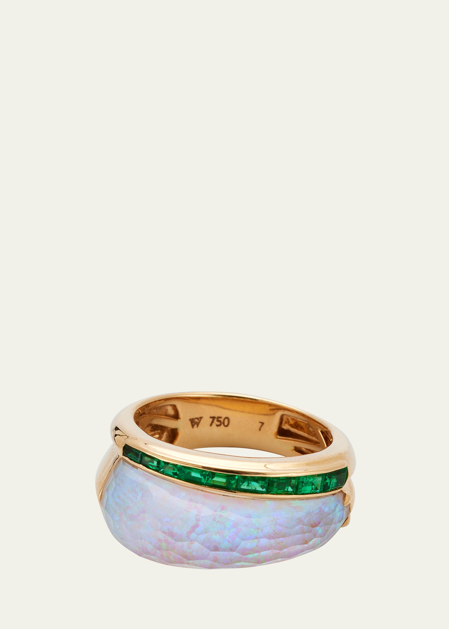 STEPHEN WEBSTER 18K YELLOW GOLD CH2 SLIMLINE RING WITH OPALESCENT QUARTZ CRYSTAL HAZE AND EMERALDS