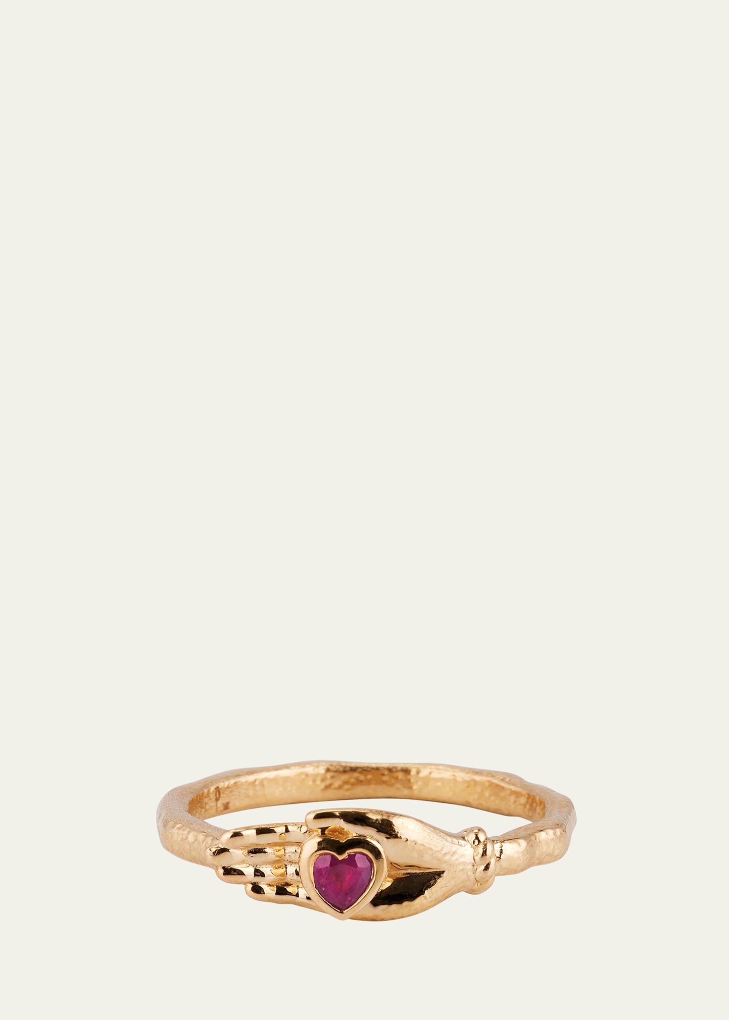 14K Yellow Gold Heart in Hand Ring with Ruby