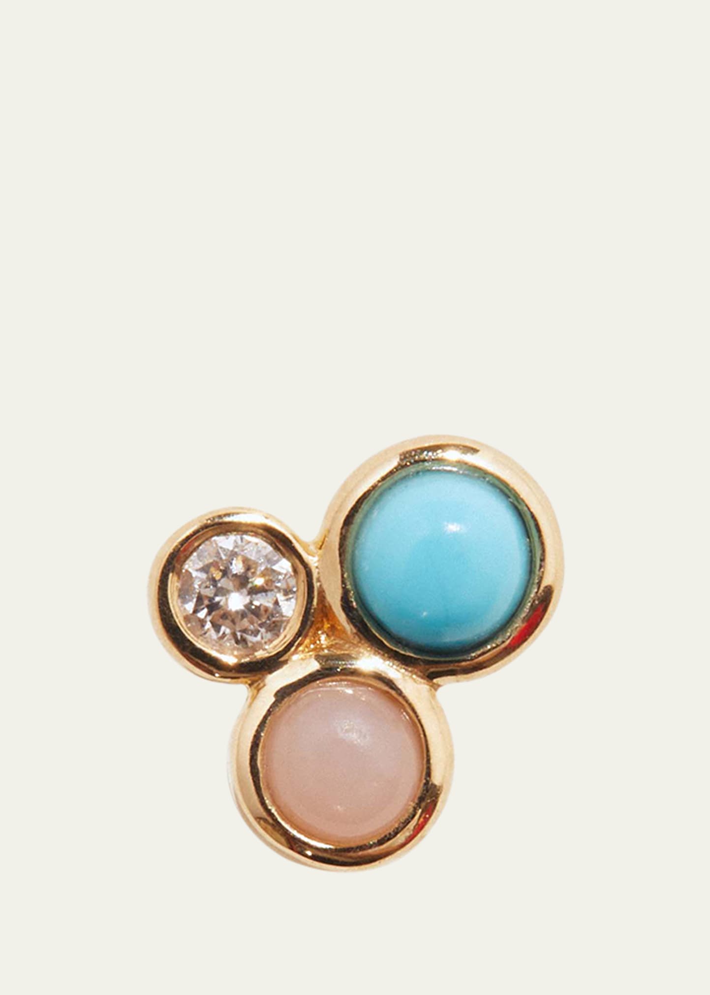 14k Yellow Gold, Pink Opal, Turquoise, and Diamond Bezel Set Trio Stud Earring