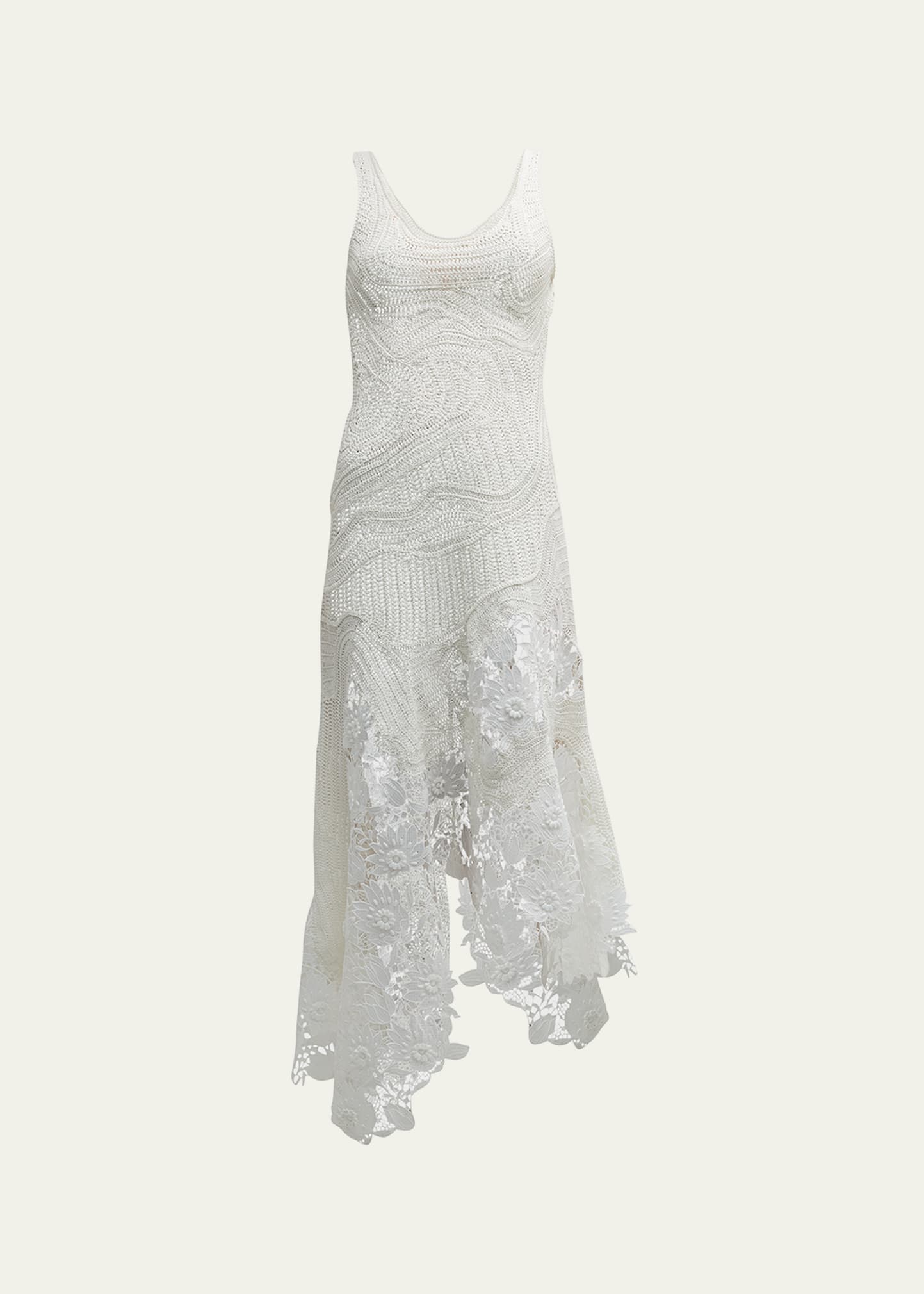 Oscar De La Renta Hand Crochet Midi Dress With Lace Inset Detail In White