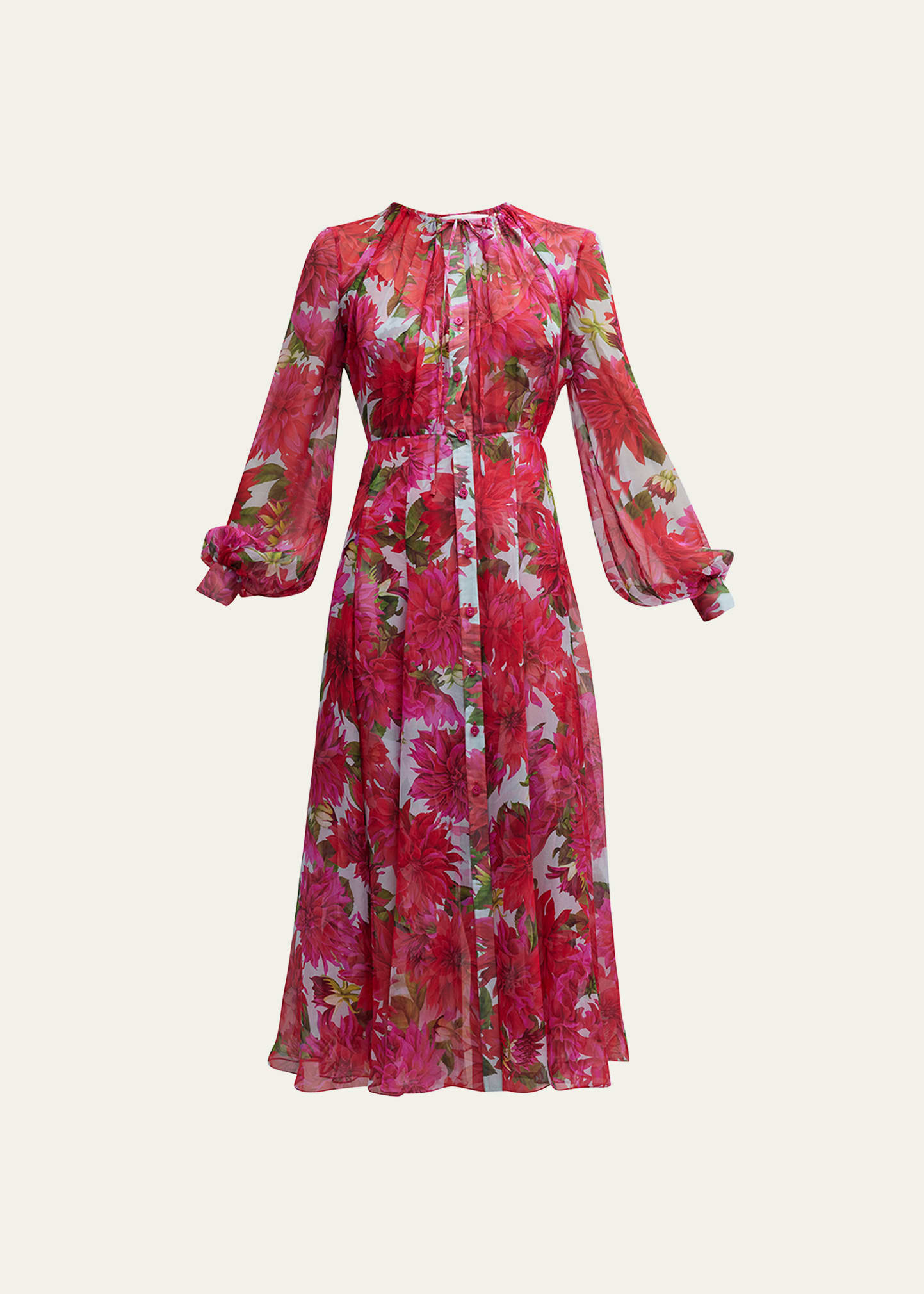 Silk Chiffon Dahlia Print Midi Dress