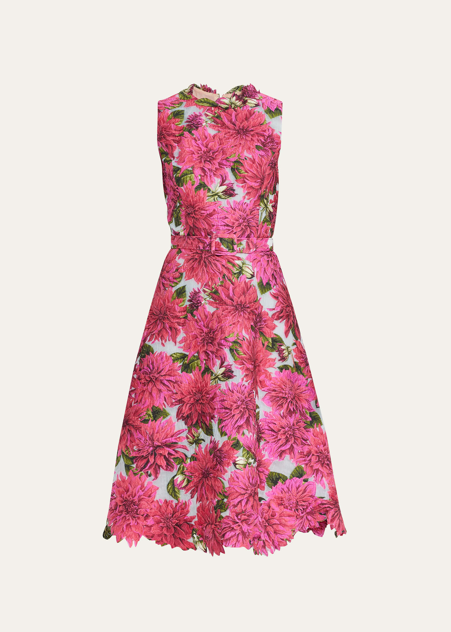 Dahlia Print Belted Coupe Midi Dress with Embroidered Trim