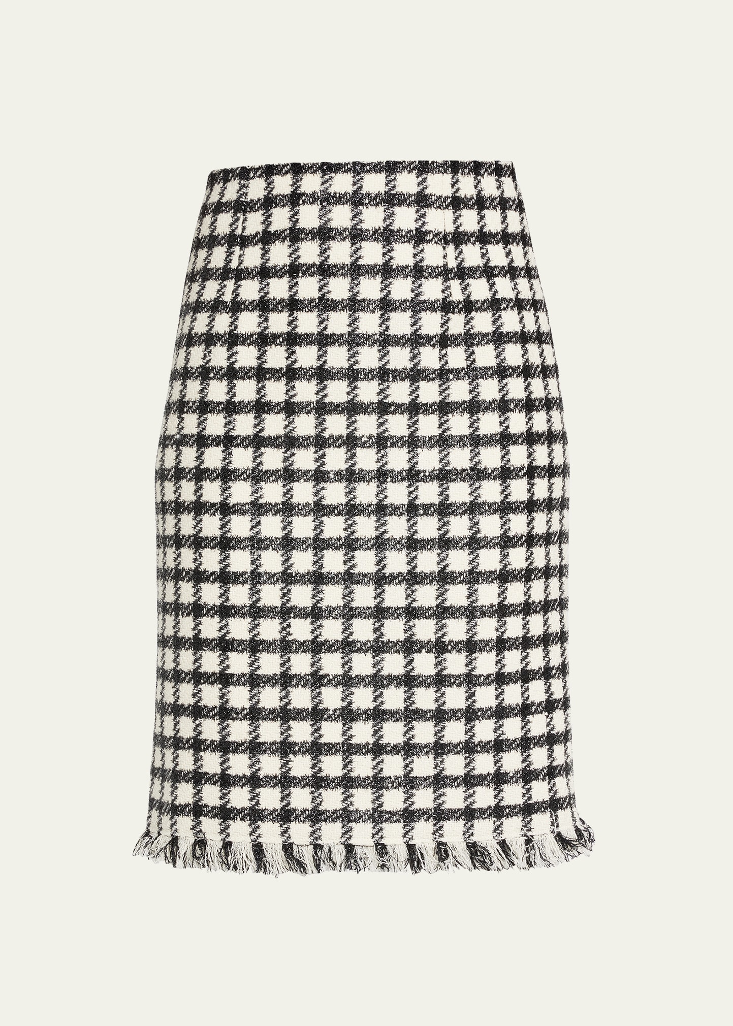 Lurex Check Print Tweed Pencil Skirt with Fringe Detail