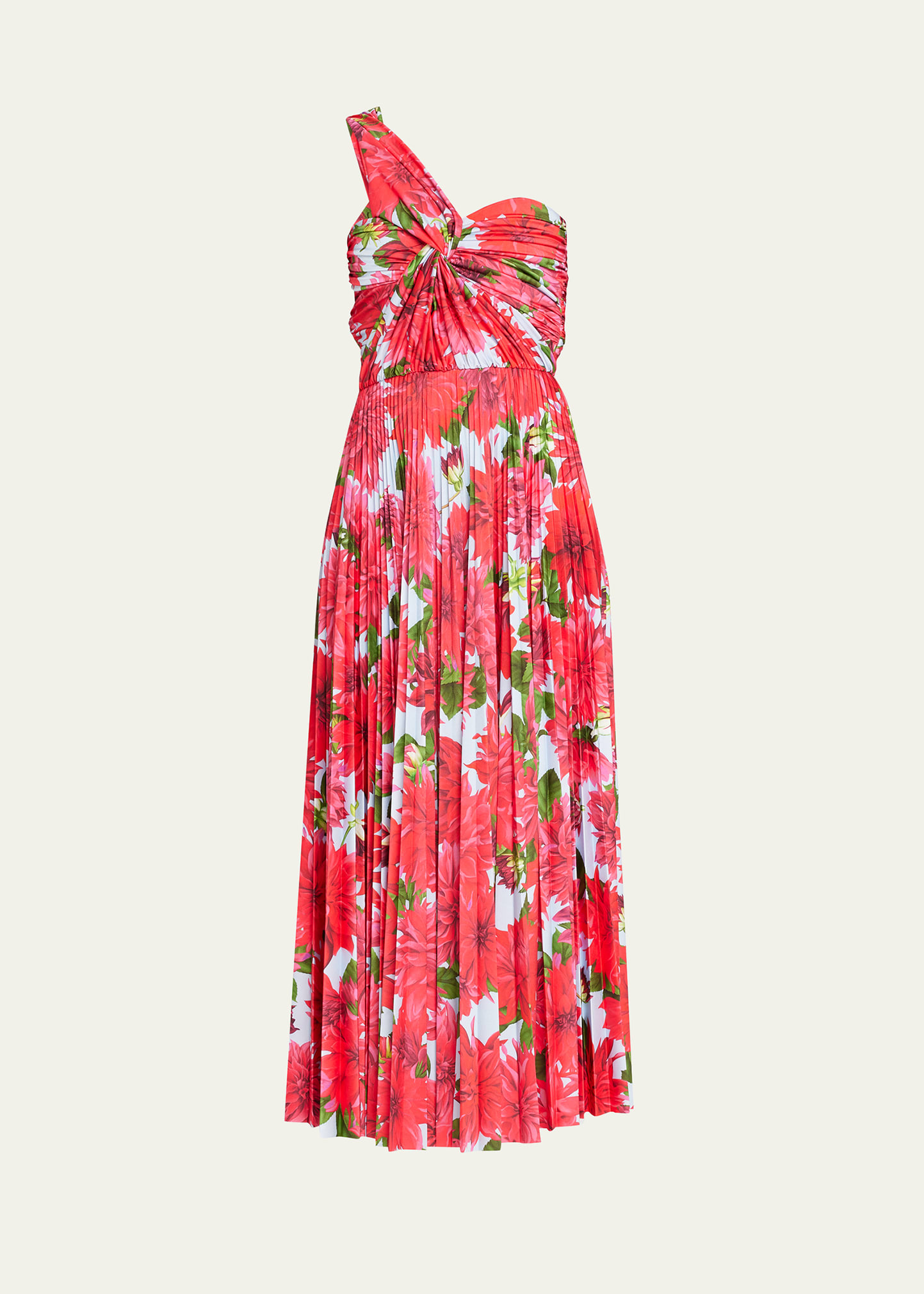One-Shoulder Dahlia Print Pleated Midi Dress