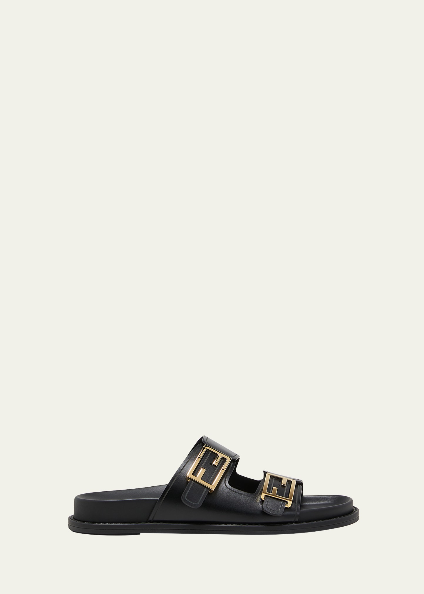 Fendi Nappa Leather Feel Double-band Slides Shoes In Black