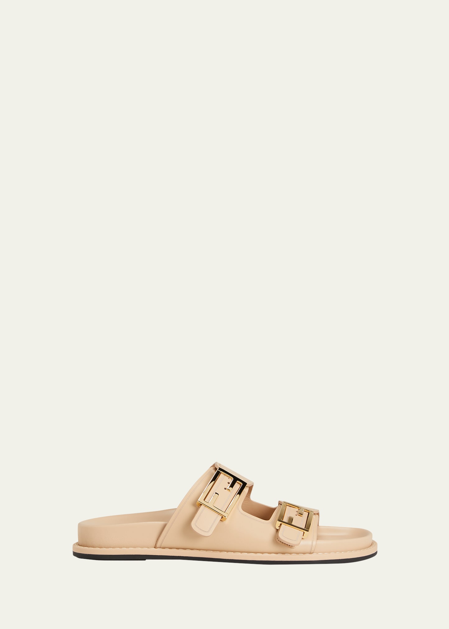 Fendi F Buckle Leather Slide Sandals In Beige