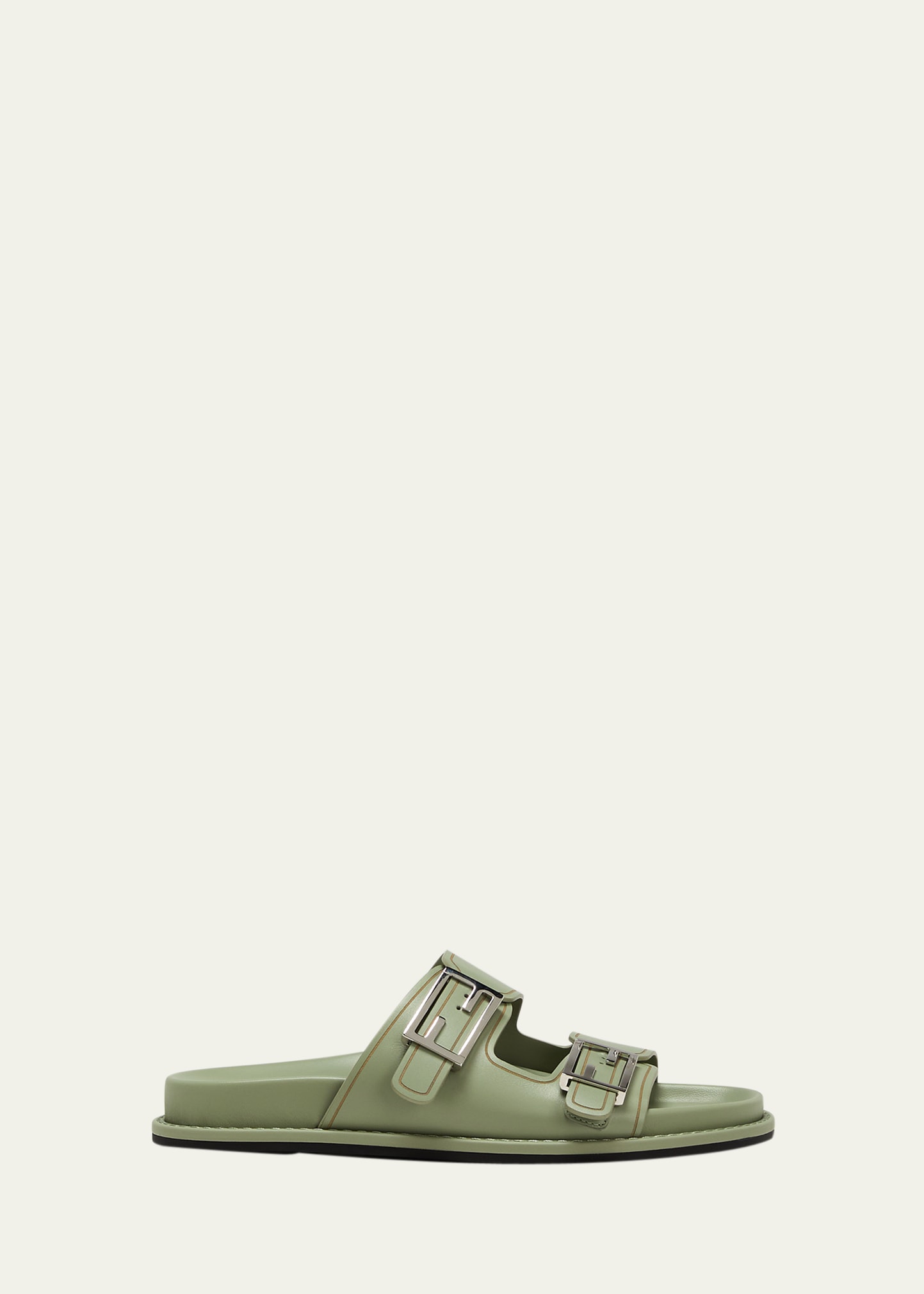 Fendi F Buckle Leather Slide Sandals In Olive