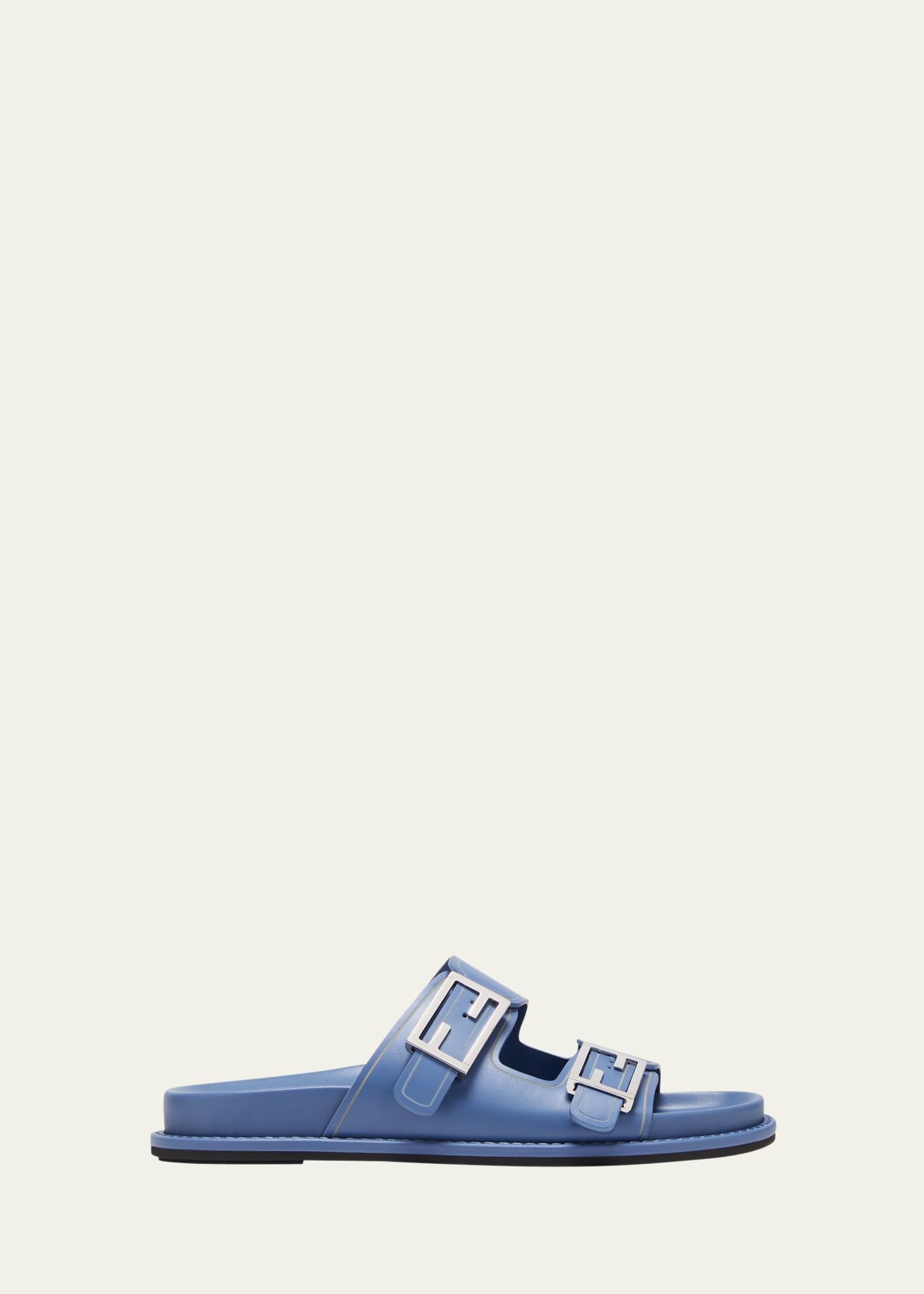 Fendi F Buckle Leather Slide Sandals In Blue