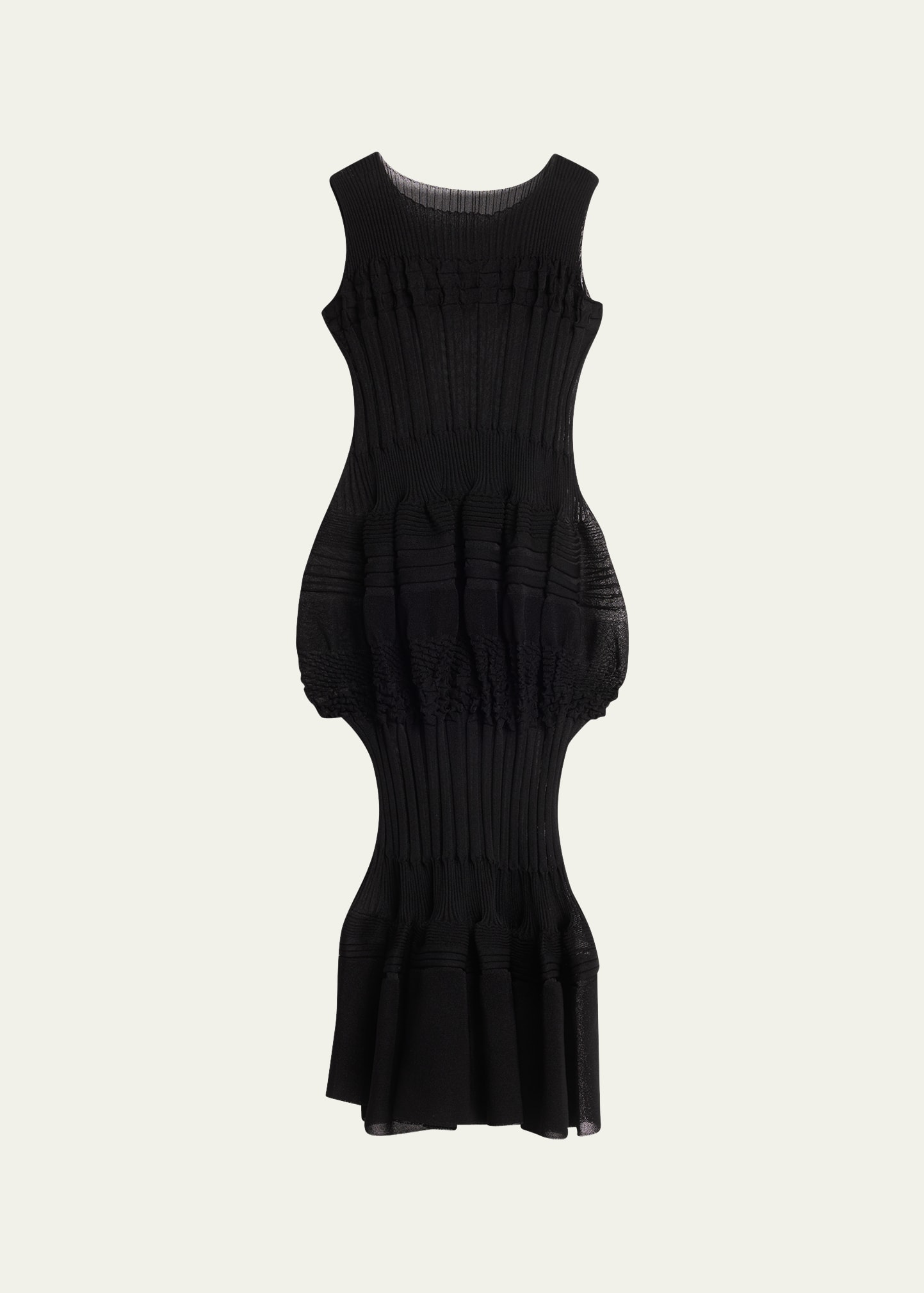 ISSEY MIYAKE ASSEMBLAGE SHEER TIERED PLEATED KNIT MIDI DRESS