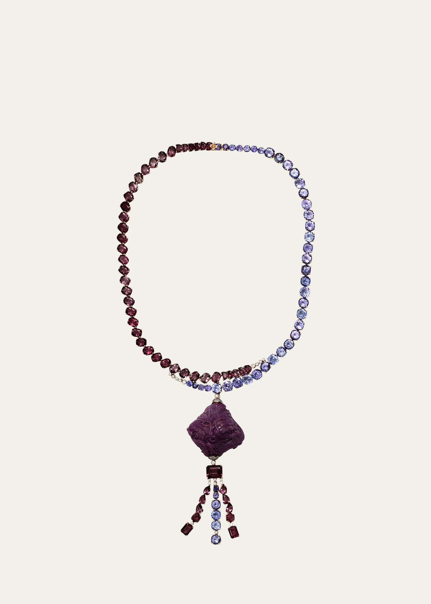 Stephen Dweck 18k Gold Hand-carved Phosphosiderite, Tanzanite, And Pink Tourmaline Necklace In Multi