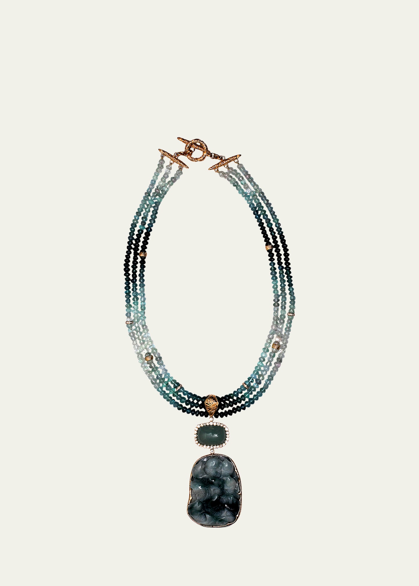 Stephen Dweck 18k Gold Vintage Hand-carved Pendant 3-strand Necklace With Jade, Aquamarine, Tourmaline, And Diamon In Vintage Hand Carv