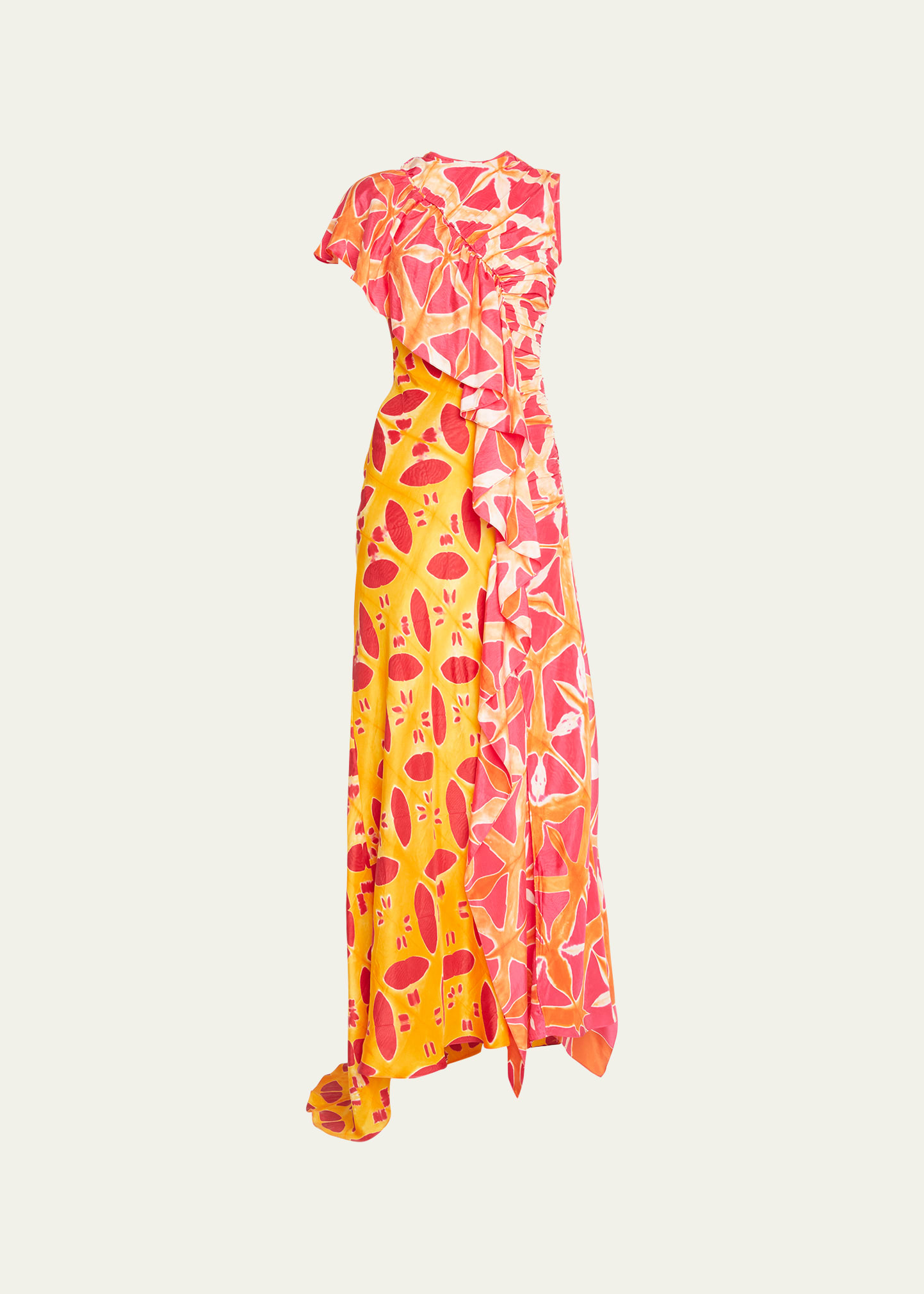 Ulla Johnson Lali One-shoulder Long Floral Ruffle Silk Dress In Tigerlily