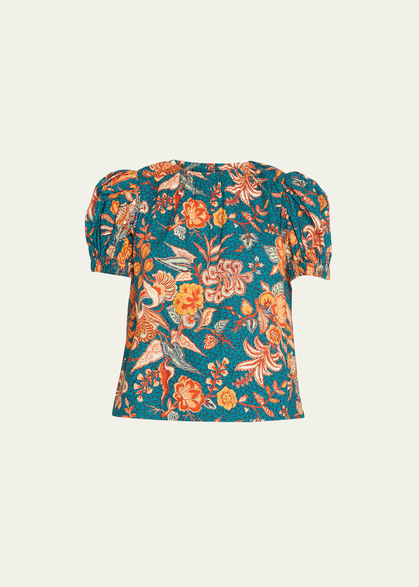 Ulla Johnson Frances Floral Silk Short Puff-sleeve Top In Delphinium