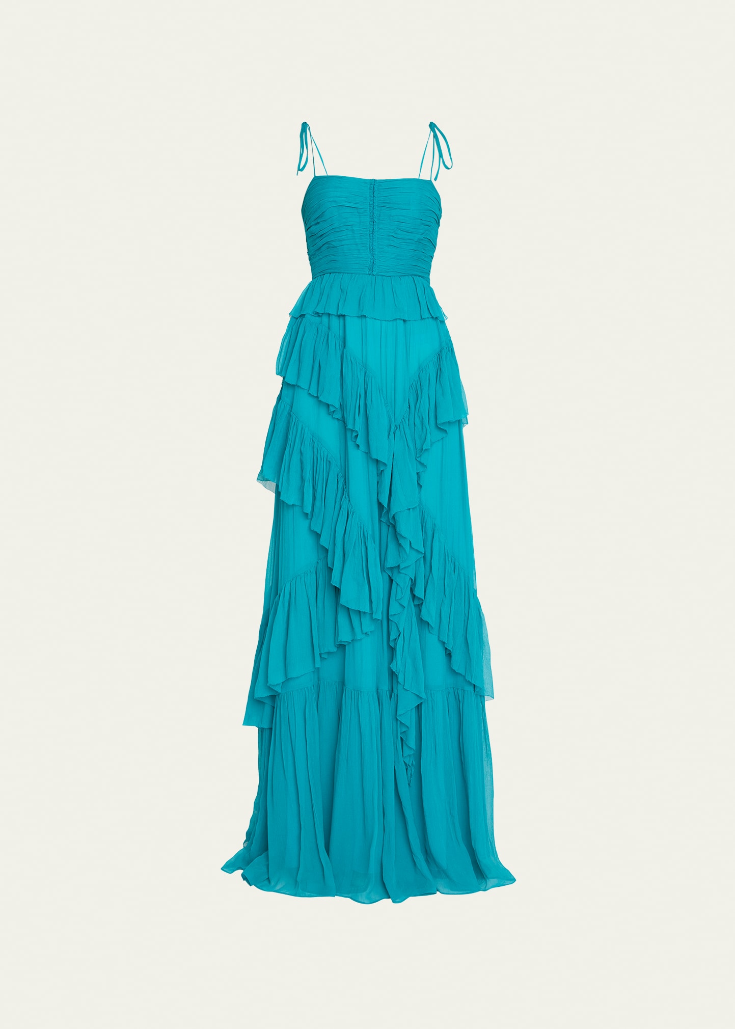 Ulla Johnson Aveline Silk Tie-shoulder Tiered Ruffle Gown In Montego