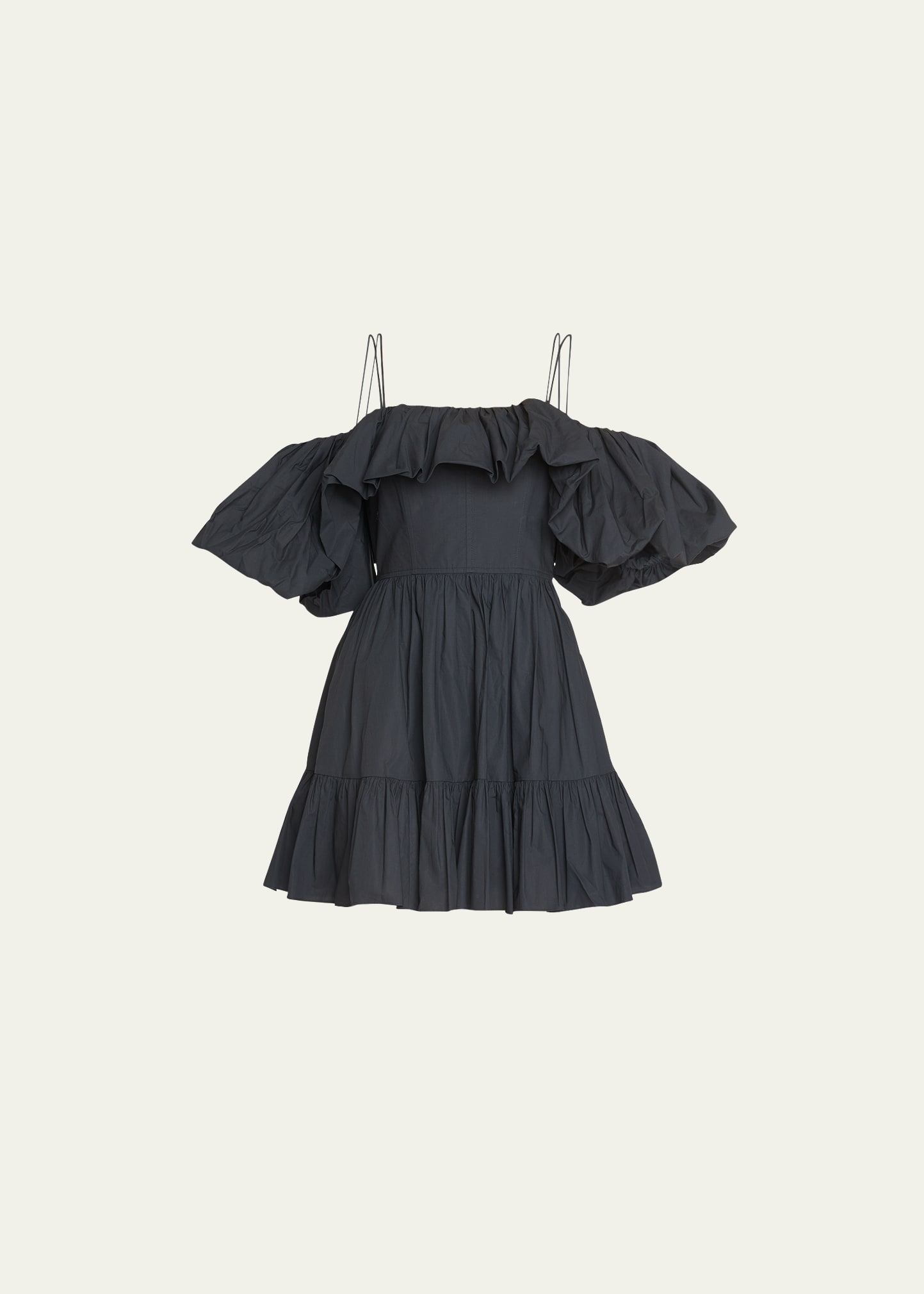 Ulla Johnson Lila Cold-shoulder Ruffled Cotton-poplin Mini Dress In Noir