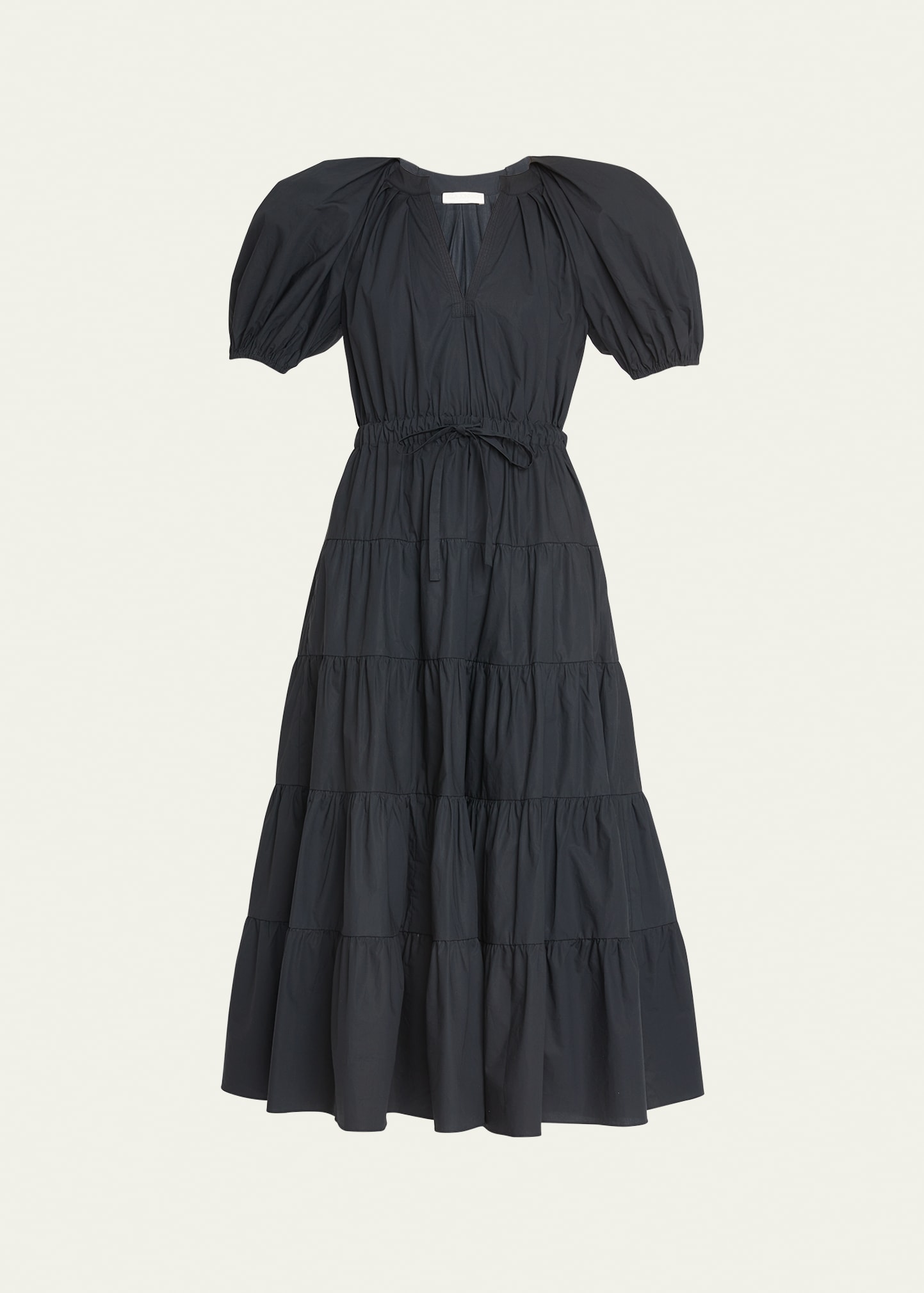 Ulla Johnson Olina Spit-neck Tiered Poplin Midi Dress In Noir | ModeSens