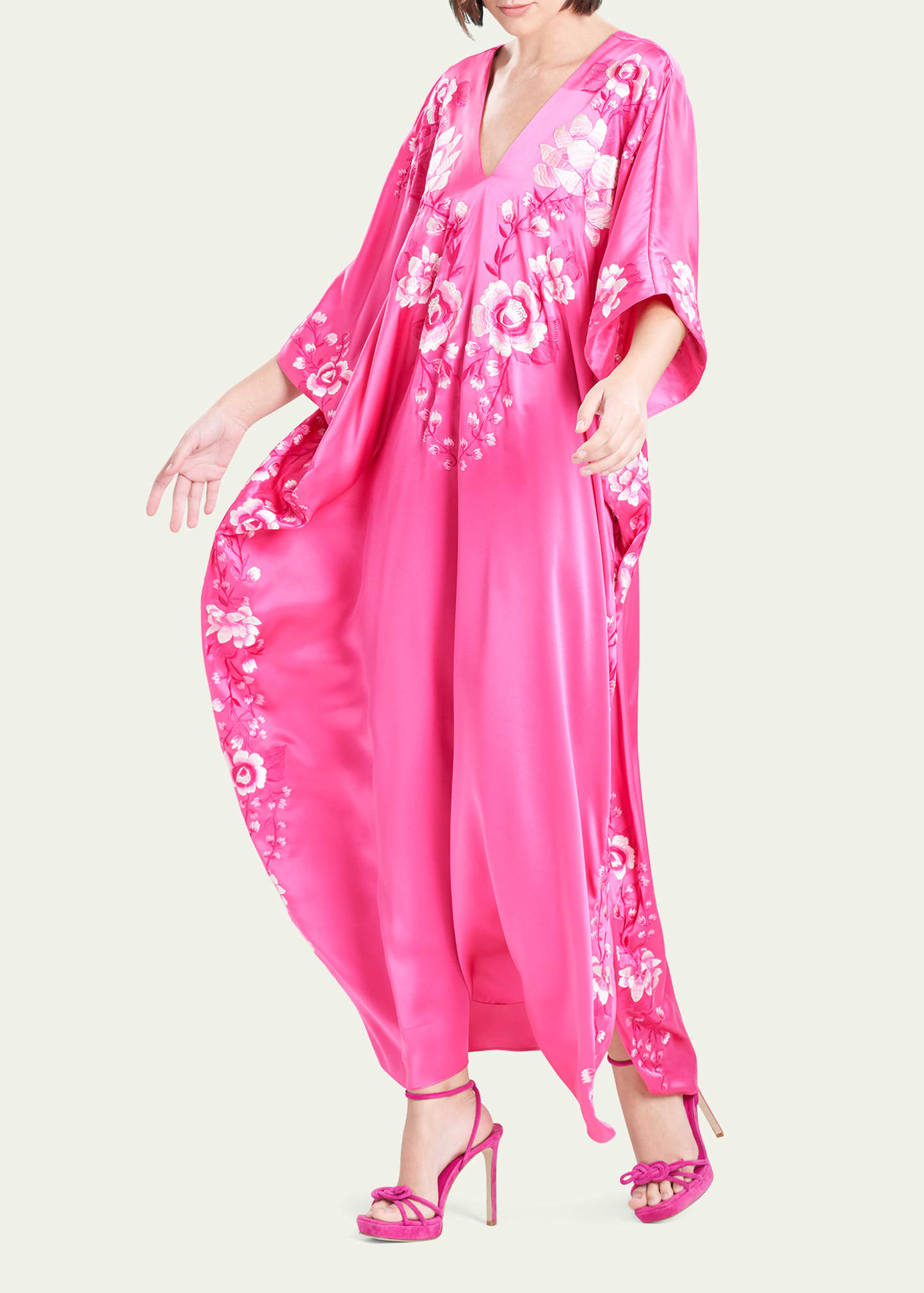 Josie Natori Natori Couture Hanabi Embroidered Silk Caftan Dress In Pink Sapphire