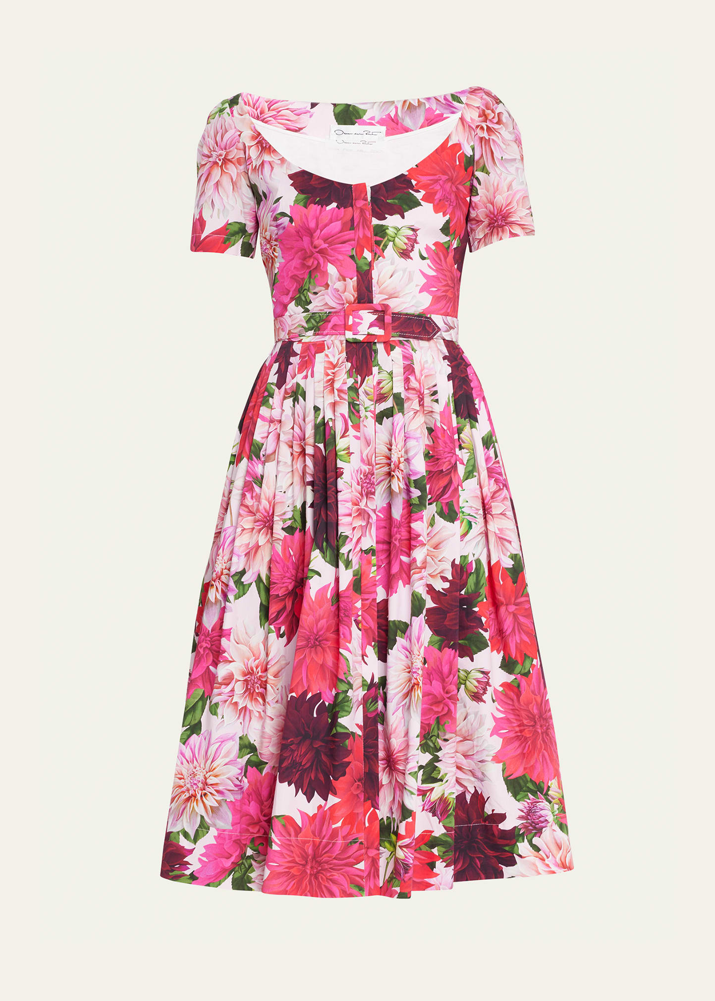 Oscar De La Renta Dahlia Pleated Skirt Belted Midi Dress In Pink Multi