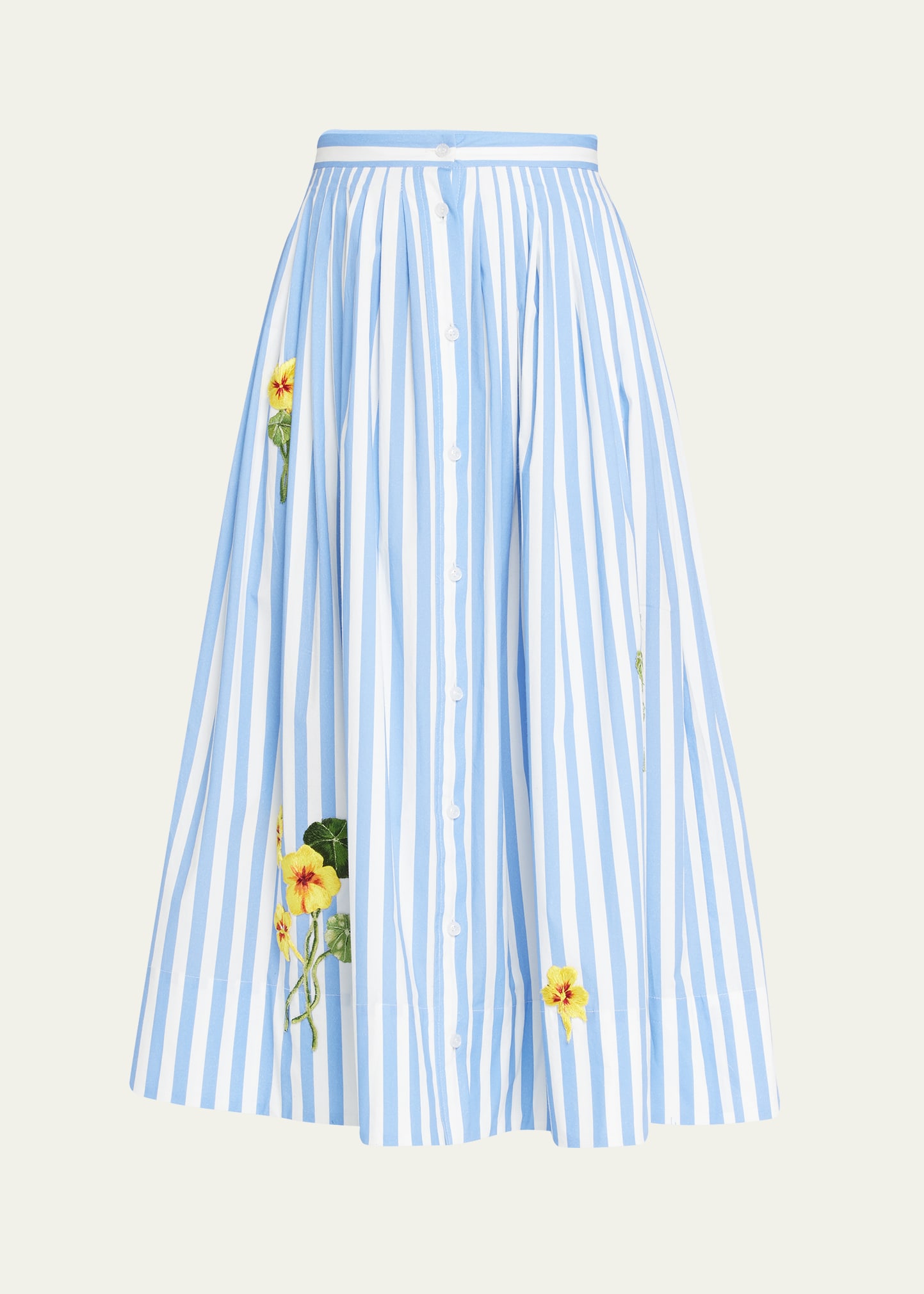 Oscar De La Renta Nasturtium-embroidered Stripe Midi Skirt In Blue/white